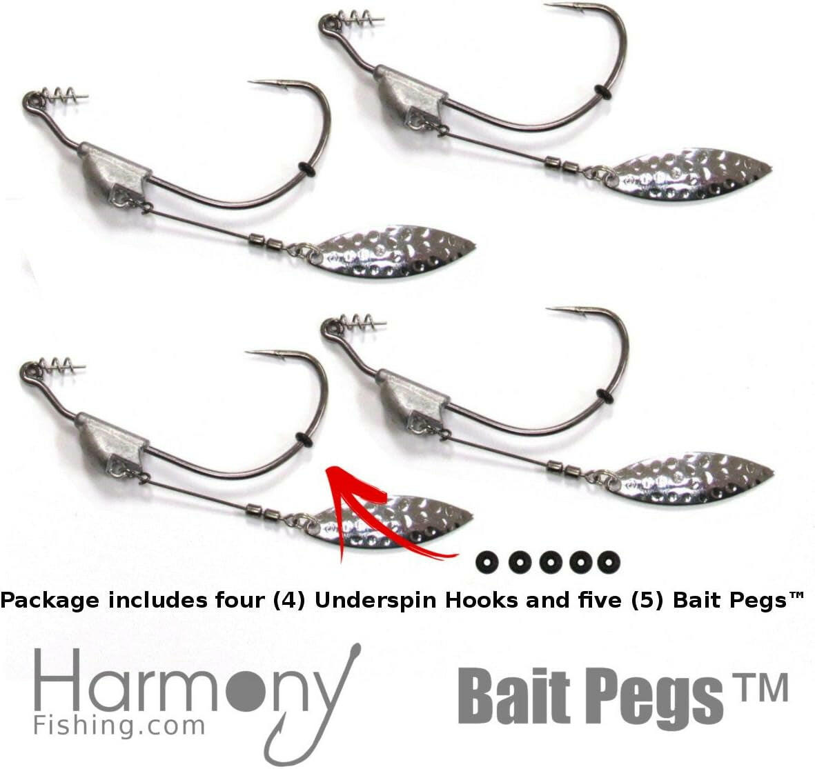 Harmony Fishing Razor Series Underspin Swimbait Hooks (4 Pack with 5 Bait Pegs) - Weighted Weedless Swimmer Hooks Featuring Flashy Willow Spinner Blades