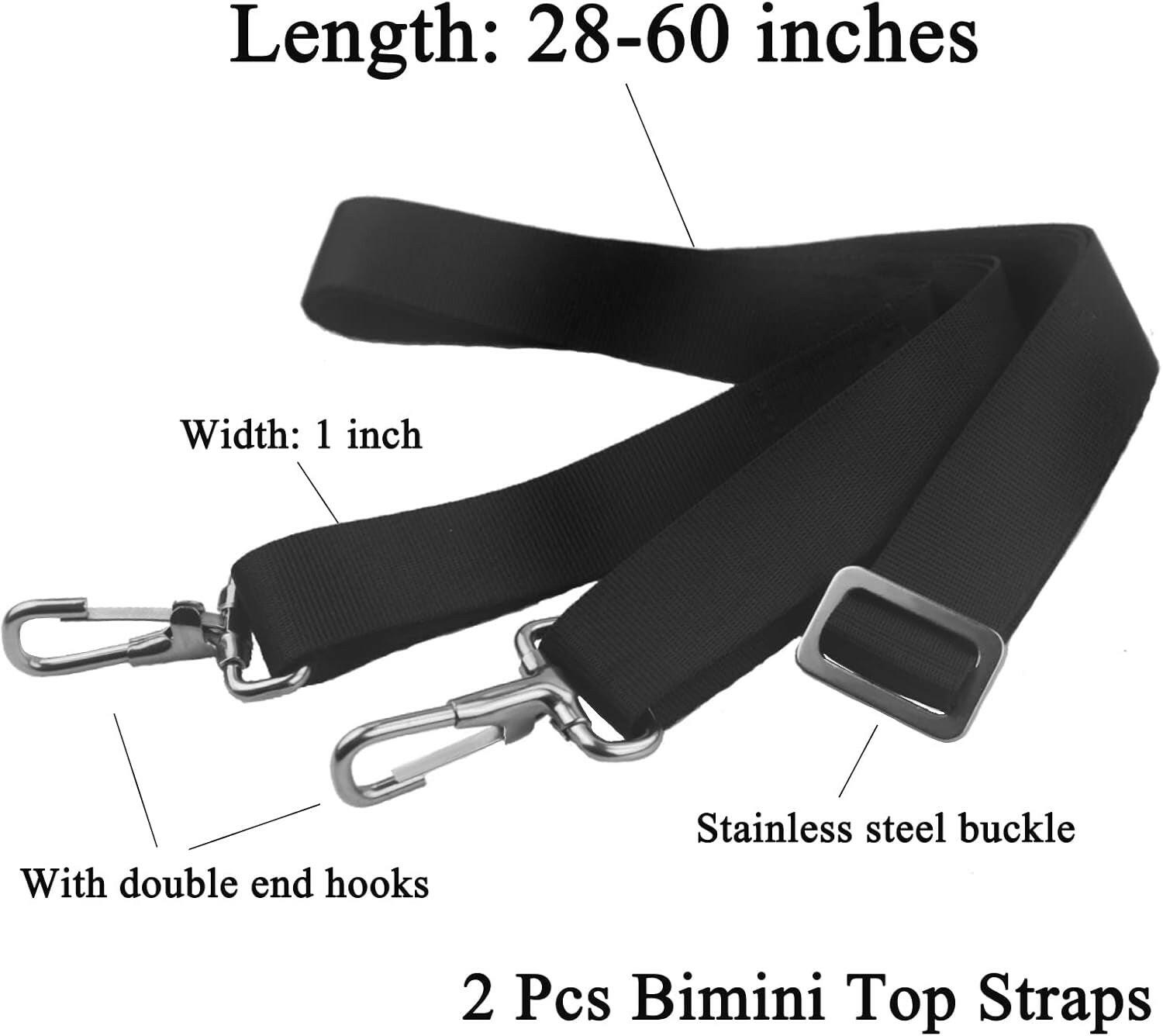 Heavy Duty 2 Pack Adjustable Bimini Boat Top Straps with Double End Snap Hook - 28"-60" Marine Nylon Webbing for Durable Boat Canopy and Awning Support.