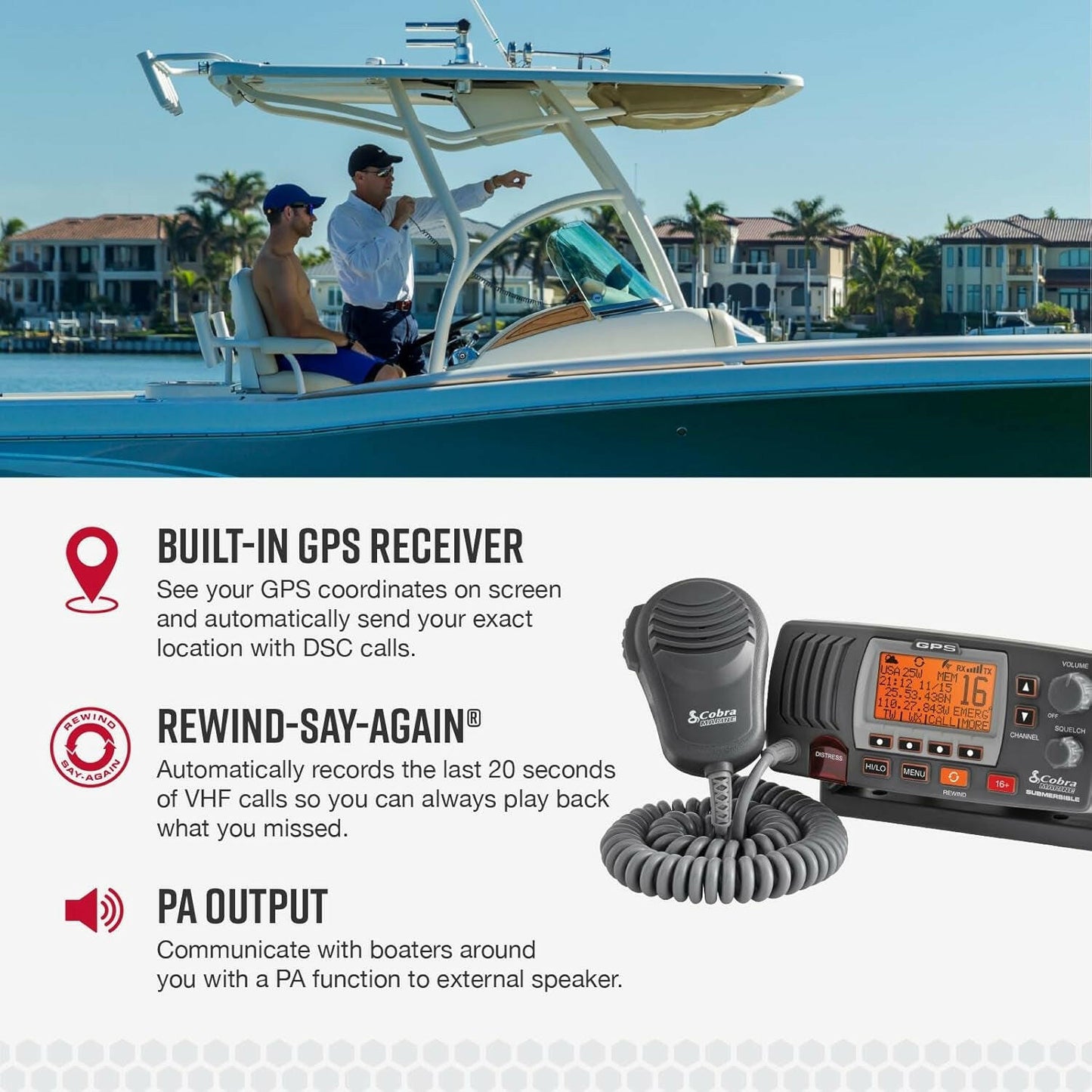 MR F77B GPS Fixed Mount VHF Marine Radio - 25 Watt VHF with Built-In GPS, Submersible Design, LCD Display, Noise Cancelling Microphone, NOAA Weather, Signal Strength Meter, and Channel Scanning in Black/Grey
