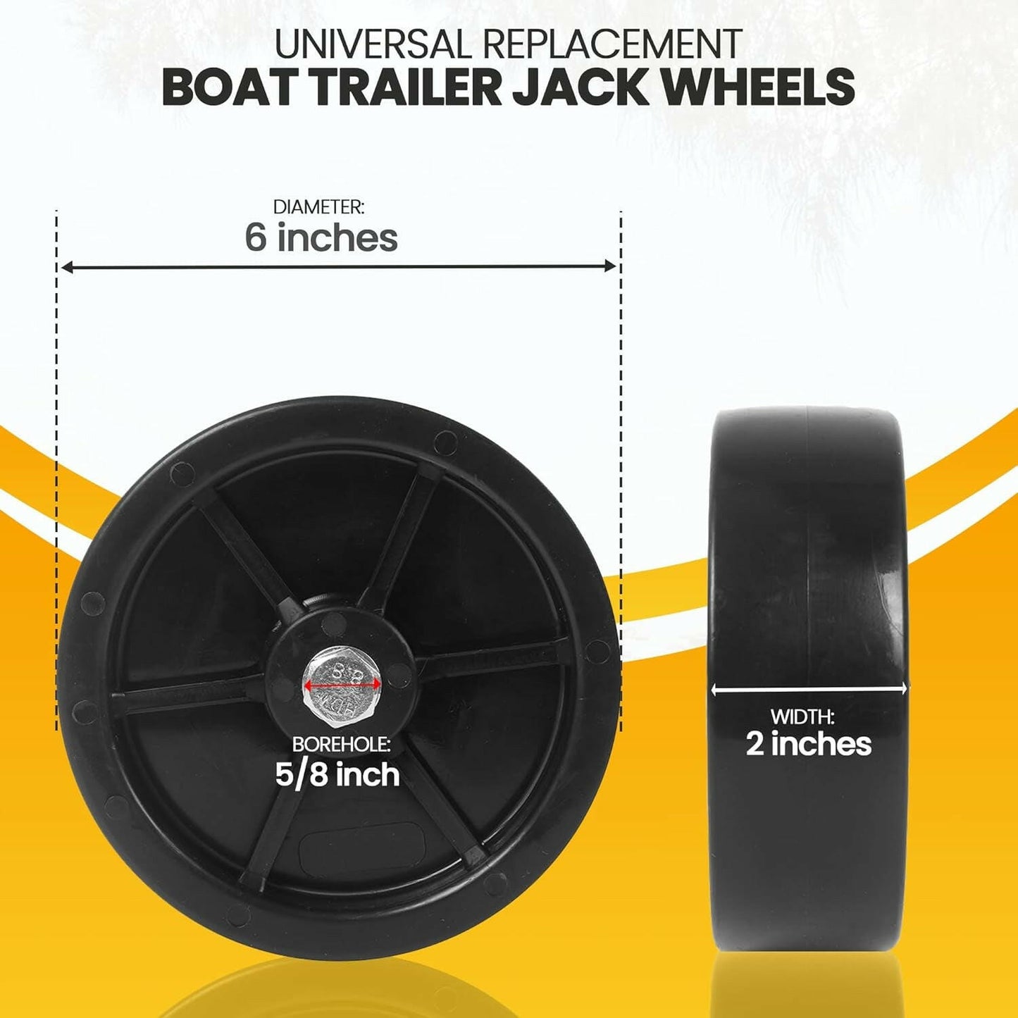 (2-Pack)  6-Inch Boat Trailer Jack Wheels - Universal Fit Black Plastic Caster Wheels - Includes All Mounting Hardware - Suitable for Boat Trailer Jacks with 1 or 2 Wheels.
