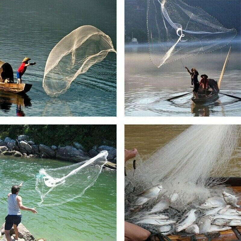 6/8/10/12/16FT Fishing Cast Net Bait Easy Throw Hand Cast Strong Nylon Mesh USA.