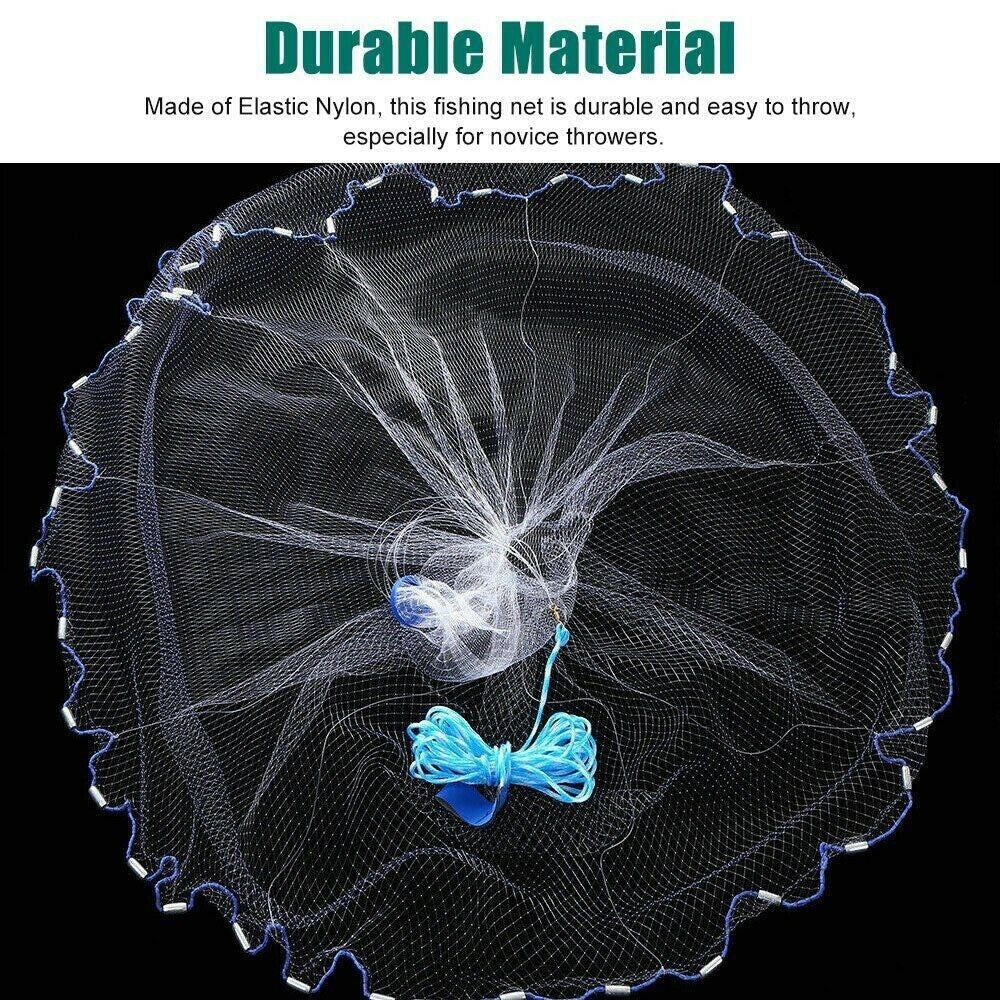6/8/10/12/16FT Fishing Cast Net Bait Easy Throw Hand Cast Strong Nylon Mesh USA.