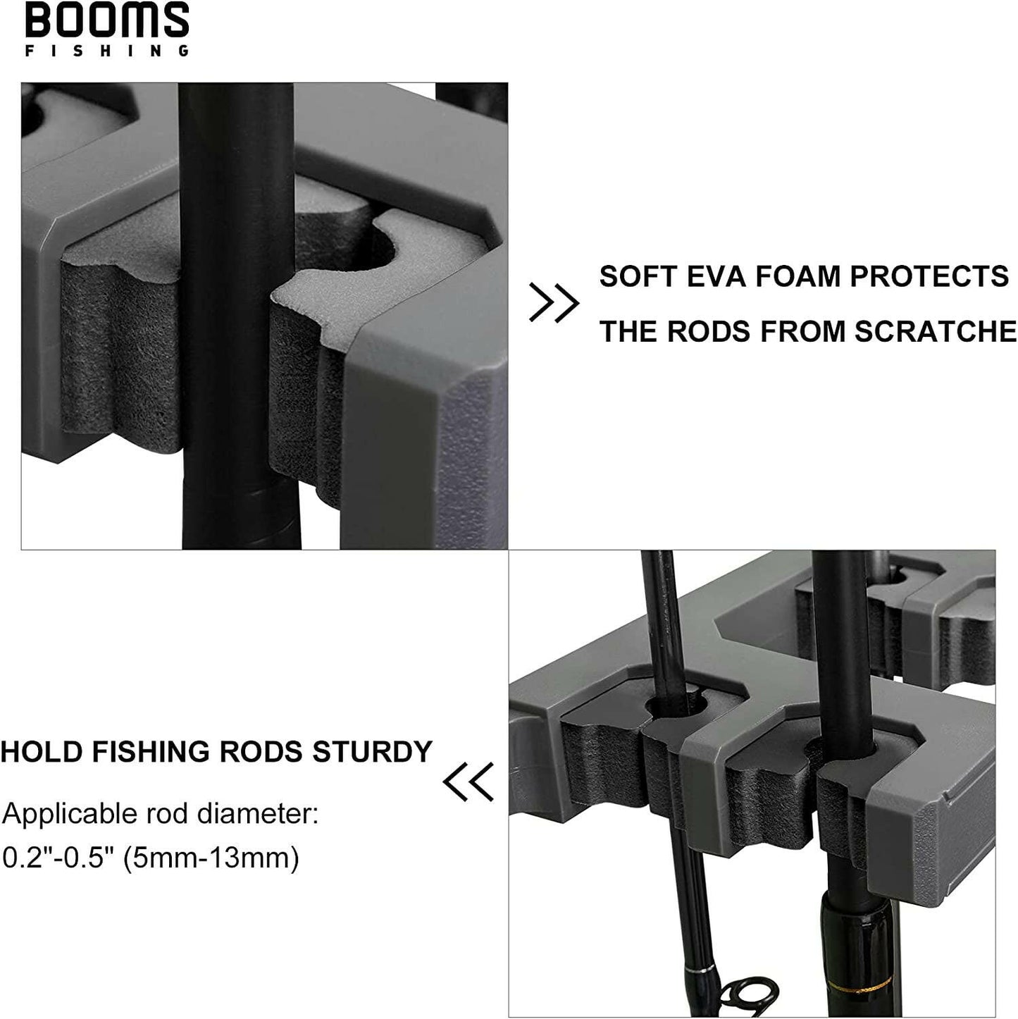 Premium Wall-Mounted Fishing Rod Holder for Up to 10 Rods - Versatile Vertical, Horizontal, and Ceiling Storage in Elegant Gray and Black.