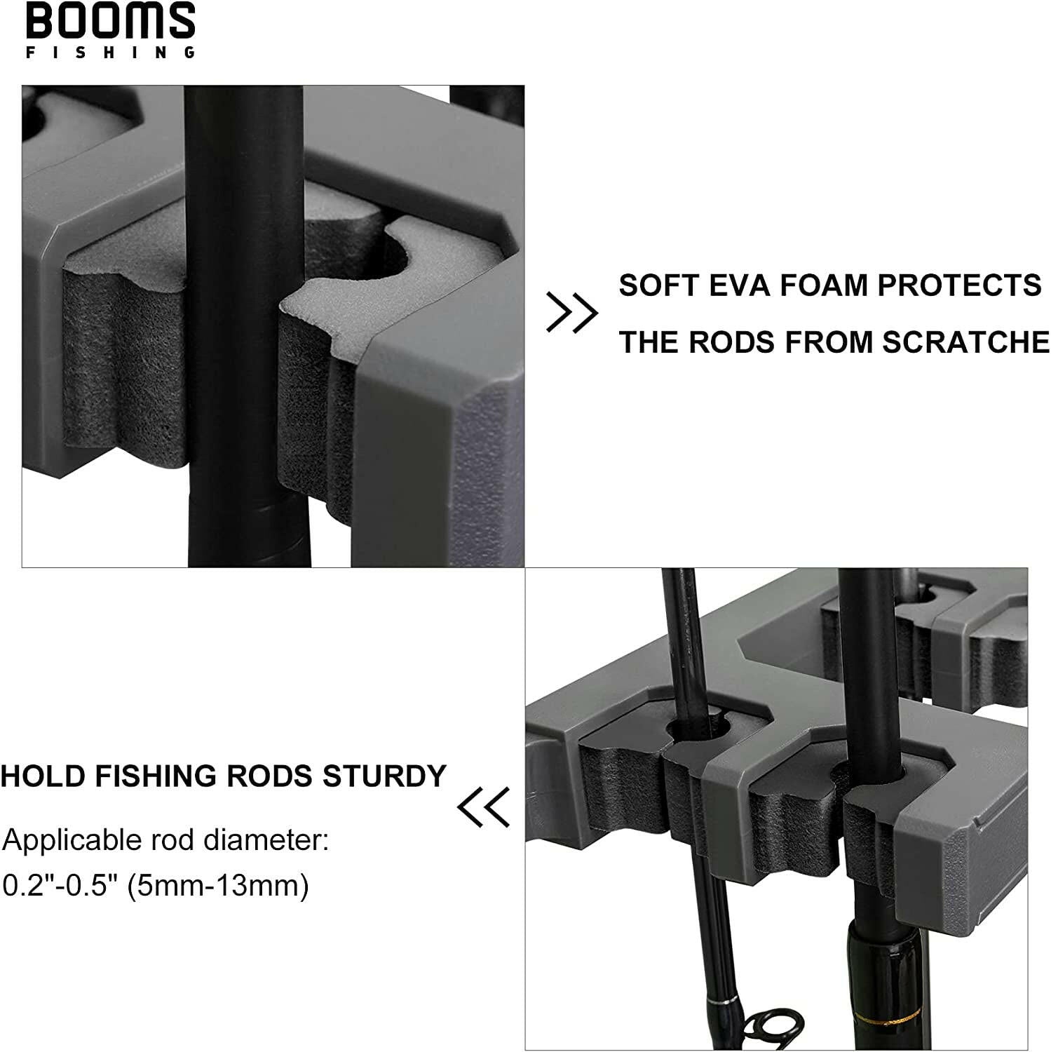 Premium Wall-Mounted Fishing Rod Holder for Up to 10 Rods - Versatile Vertical, Horizontal, and Ceiling Storage in Elegant Gray and Black.