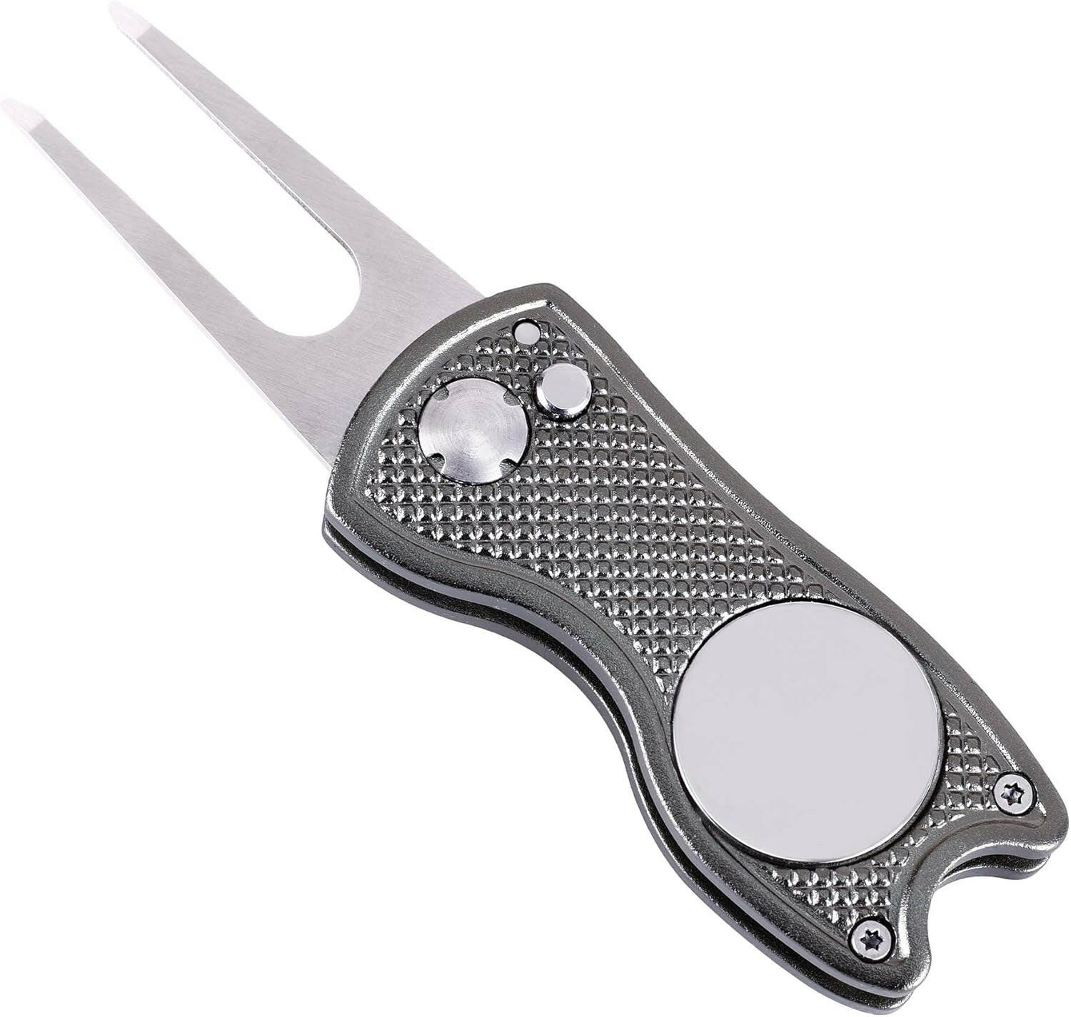 Microfiber Waffle Pattern Golf Towel with Club Groove Cleaner Brush and Foldable Divot Tool featuring Magnetic Ball Marker (Gray)