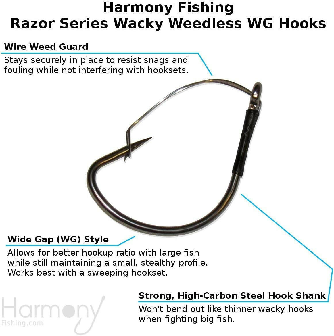 Harmony Fishing Razor Series Wacky Weedless WG Hooks - Premier Bass Fishing Hooks for Wacky and Neko Rigs