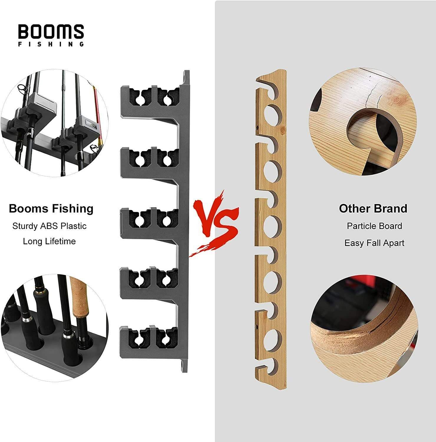 Premium Wall-Mounted Fishing Rod Holder for Up to 10 Rods - Versatile Vertical, Horizontal, and Ceiling Storage in Elegant Gray and Black.