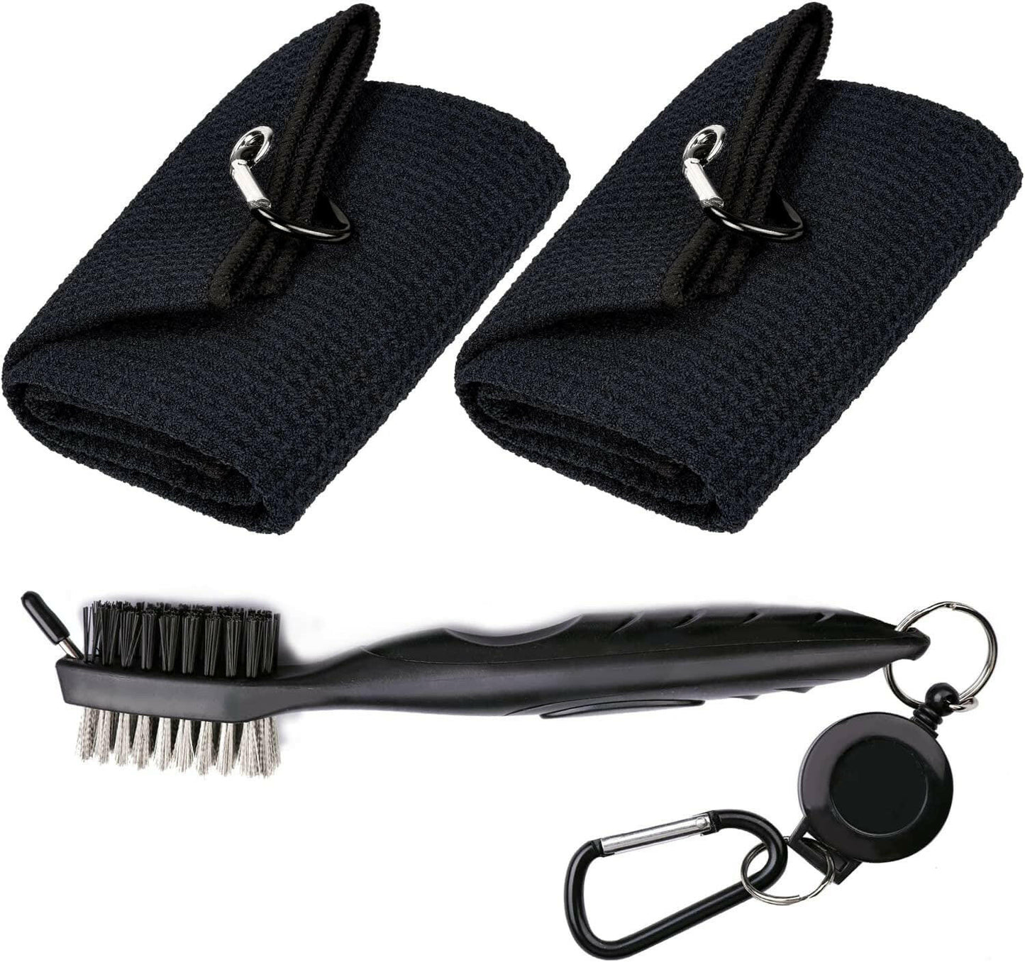 Premium Microfiber Golf Towels - Tri-Fold Waffle Pattern with Club Groove Cleaner Brush Kit - Perfect Gift for Golfers (2 Black Towels + Black Brush)