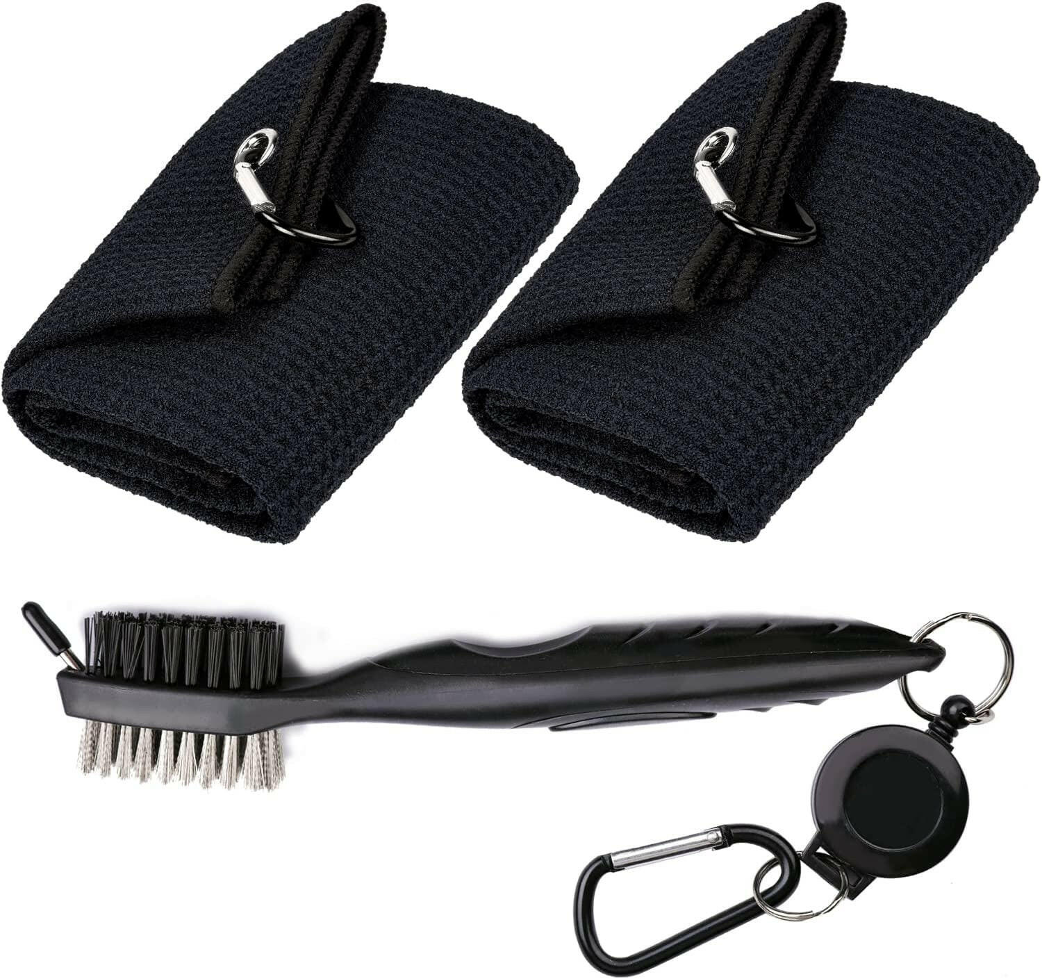 Premium Microfiber Golf Towels - Tri-Fold Waffle Pattern with Club Groove Cleaner Brush Kit - Perfect Gift for Golfers (2 Black Towels + Black Brush)