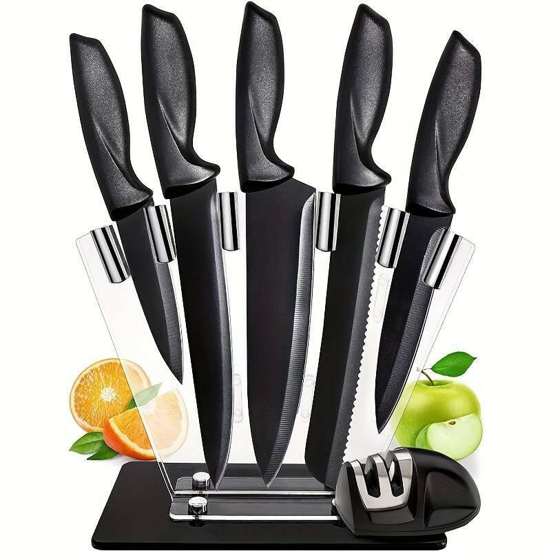 7-Piece High Carbon Stainless Steel Kitchen Knife Set with Ergonomic Handles and Sharpener.