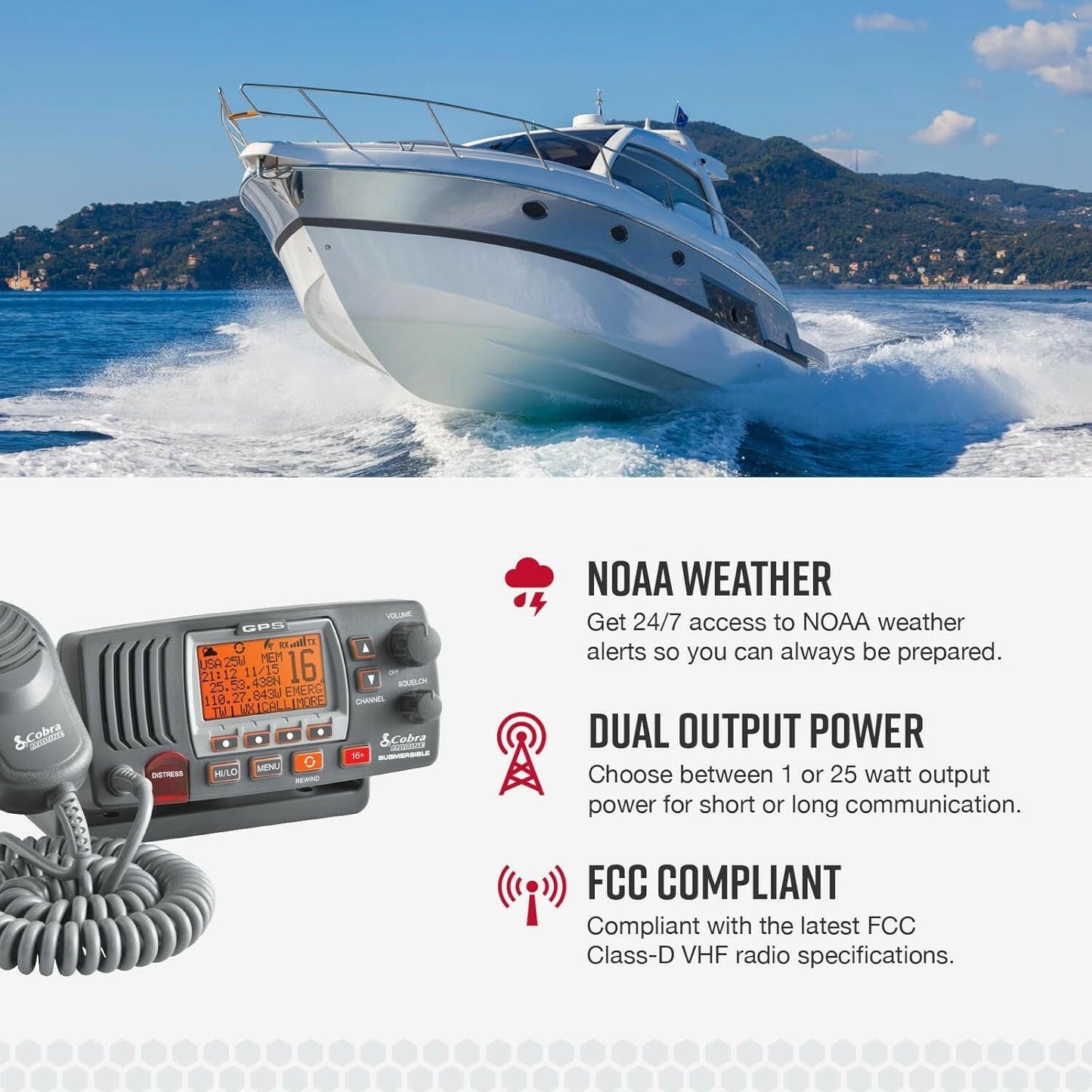 MR F77B GPS Fixed Mount VHF Marine Radio - 25 Watt VHF with Built-In GPS, Submersible Design, LCD Display, Noise Cancelling Microphone, NOAA Weather, Signal Strength Meter, and Channel Scanning in Black/Grey