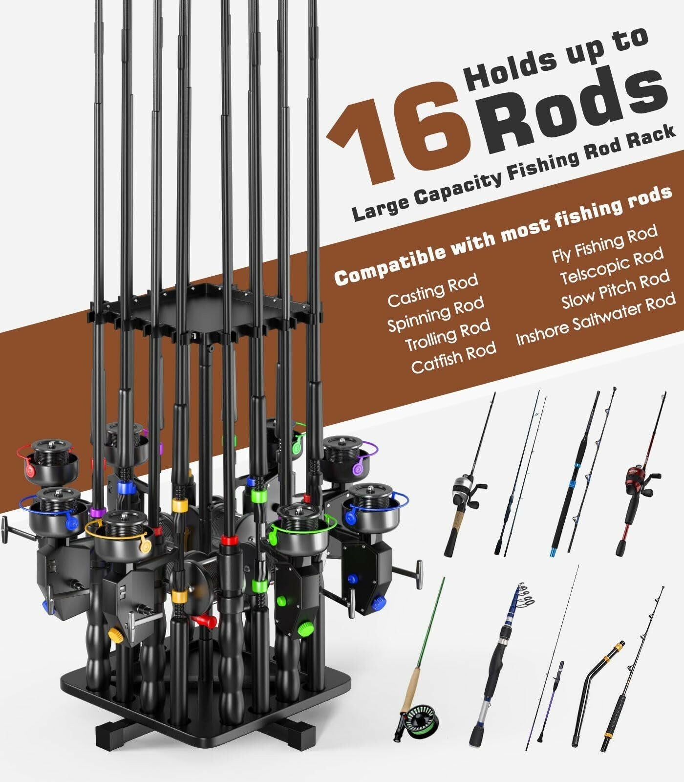360-Degree Rotating Vertical Fishing Rod Holder - Sturdy Metal Garage Rack Stand.