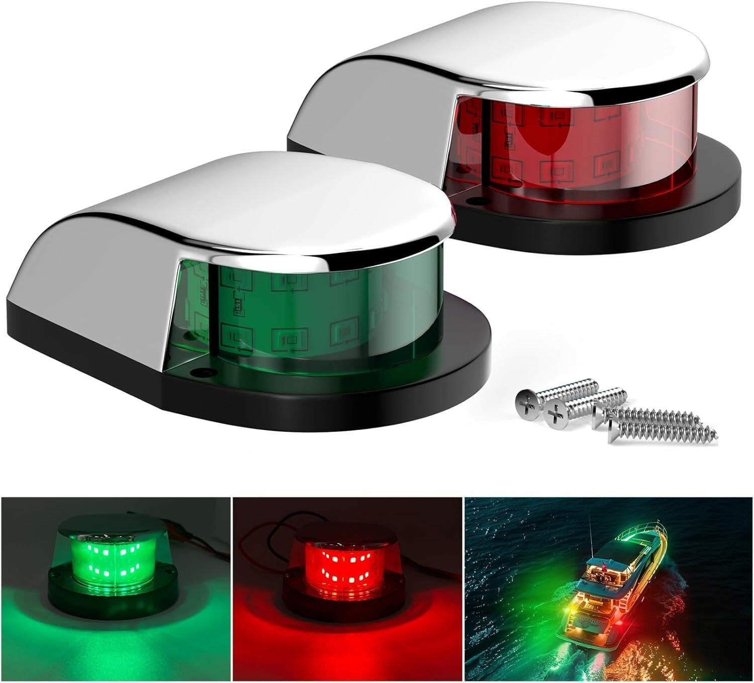 Premium 4'' LED Boat Navigation Lights - Waterproof Red & Green Signal Lights for Pontoon, Kayak, Yacht & Sailboat - 12V with Silver Cover (1 Red & 1 Green).