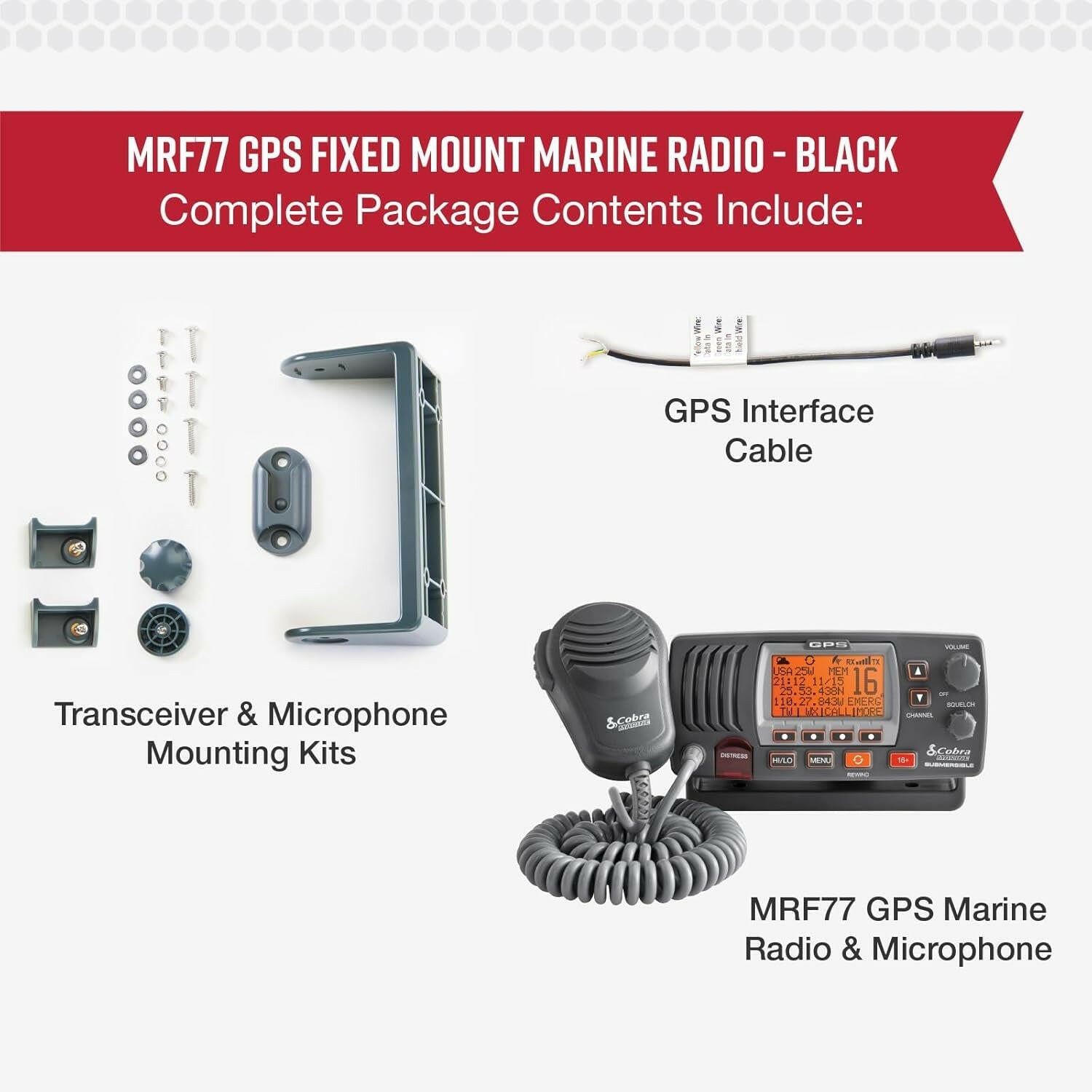 MR F77B GPS Fixed Mount VHF Marine Radio - 25 Watt VHF with Built-In GPS, Submersible Design, LCD Display, Noise Cancelling Microphone, NOAA Weather, Signal Strength Meter, and Channel Scanning in Black/Grey