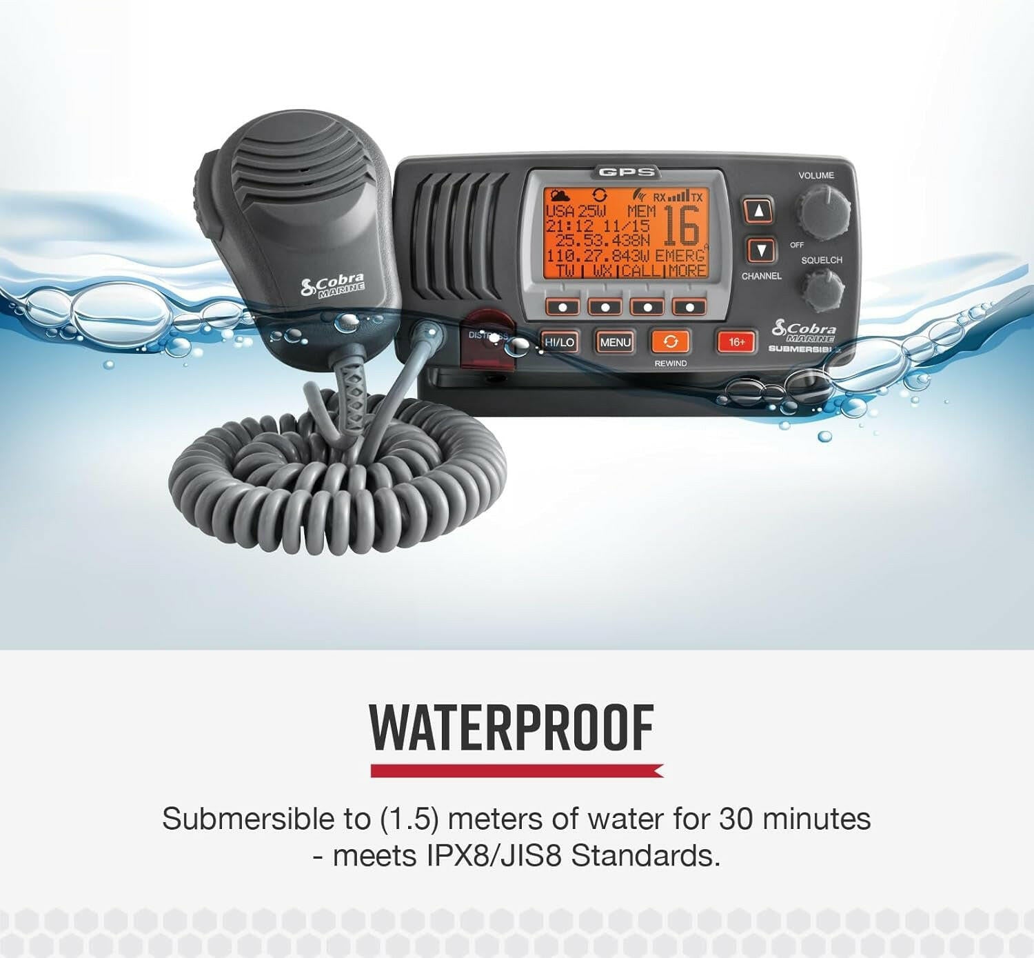 MR F77B GPS Fixed Mount VHF Marine Radio - 25 Watt VHF with Built-In GPS, Submersible Design, LCD Display, Noise Cancelling Microphone, NOAA Weather, Signal Strength Meter, and Channel Scanning in Black/Grey