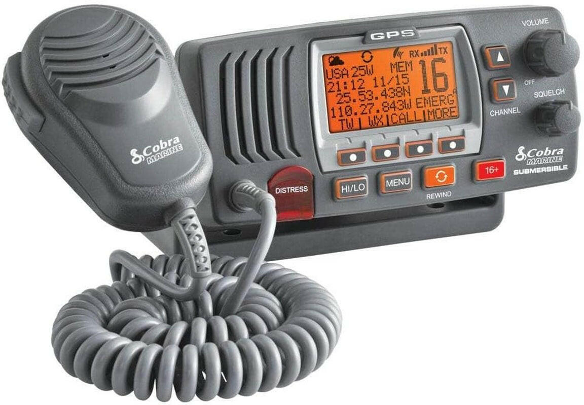 MR F77B GPS Fixed Mount VHF Marine Radio - 25 Watt VHF with Built-In GPS, Submersible Design, LCD Display, Noise Cancelling Microphone, NOAA Weather, Signal Strength Meter, and Channel Scanning in Black/Grey