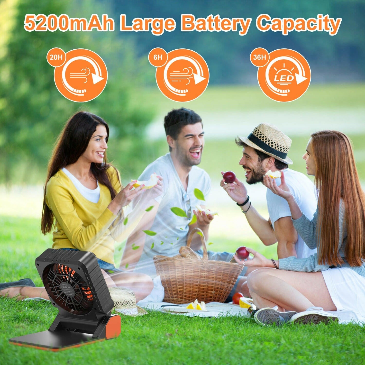 Solar Camping Fan with LED Lantern - 5200mAh Rechargeable Battery, Portable Design, Emergency Power Bank, 4 Wind Speeds, 3 Light Modes, and 3 Timers for Outdoor Activities