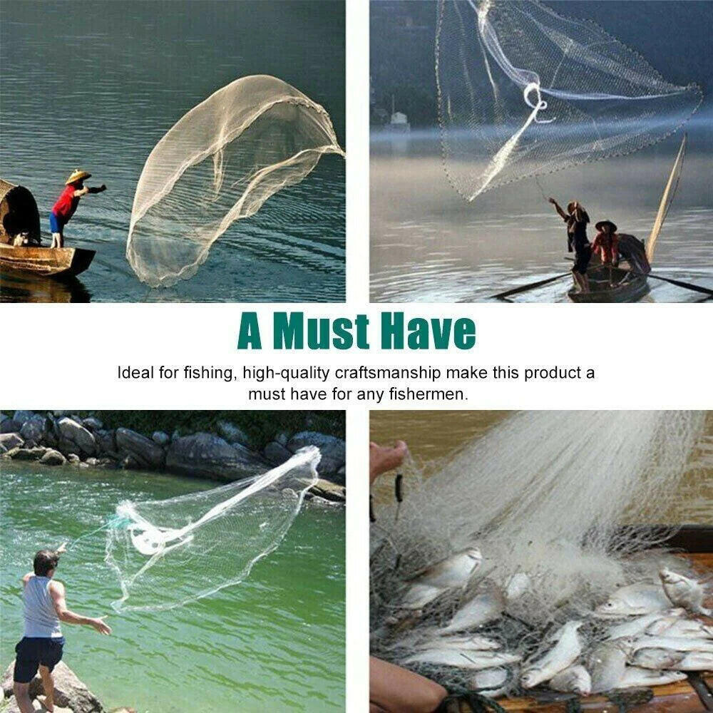 6/8/10/12/16FT Fishing Cast Net Bait Easy Throw Hand Cast Strong Nylon Mesh USA.