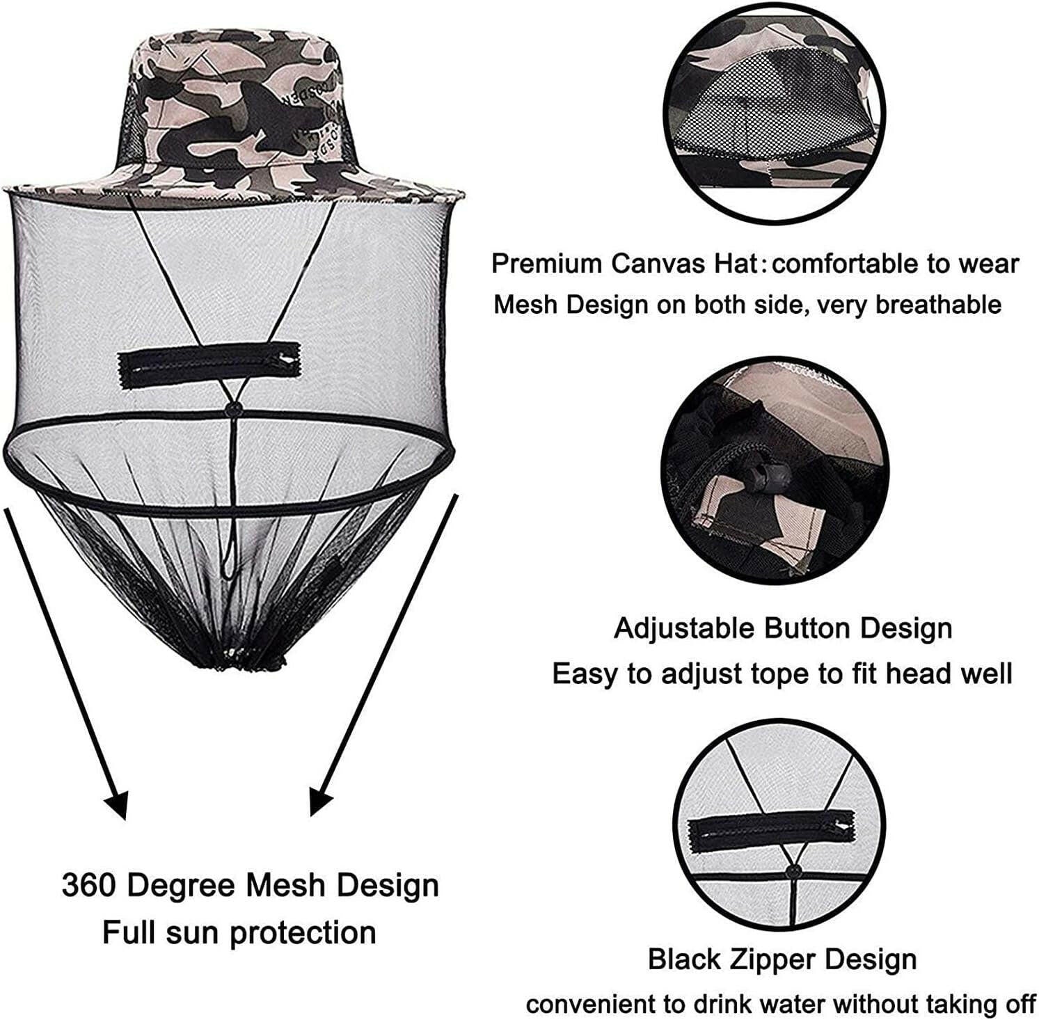 2 Pack Mosquito Head Net Hat - Versatile Sun & Fishing Hat with Hidden Mesh for Outdoor Activities - Ideal for Gardening, Hiking & Beekeeping - Unisex Army Green.