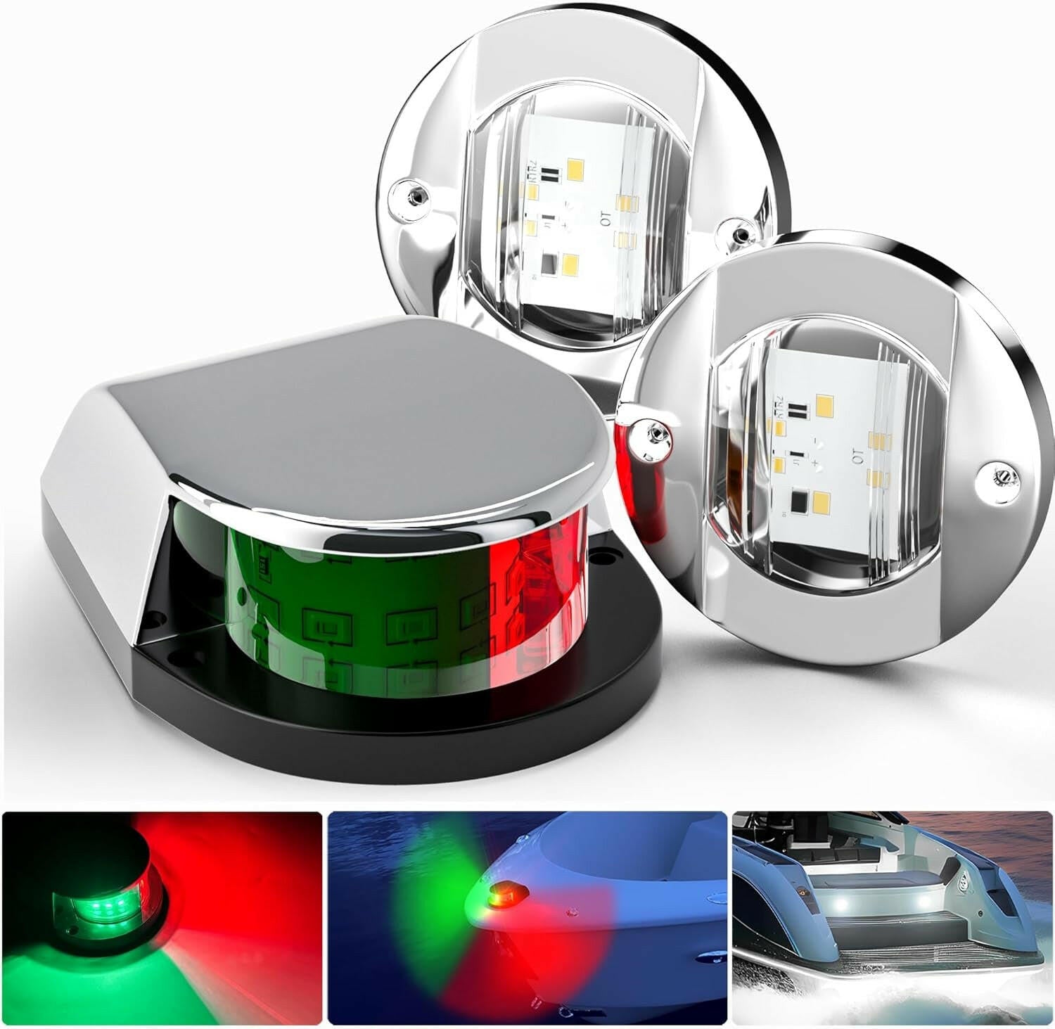 Upgrade Your Boat with Waterproof LED Navigation Lights - Chrome Bezels for Pontoon, Fishing & Kayak Adventures! 🌊✨ (Includes 1 Red & Green, 2 White) 🚤💡.