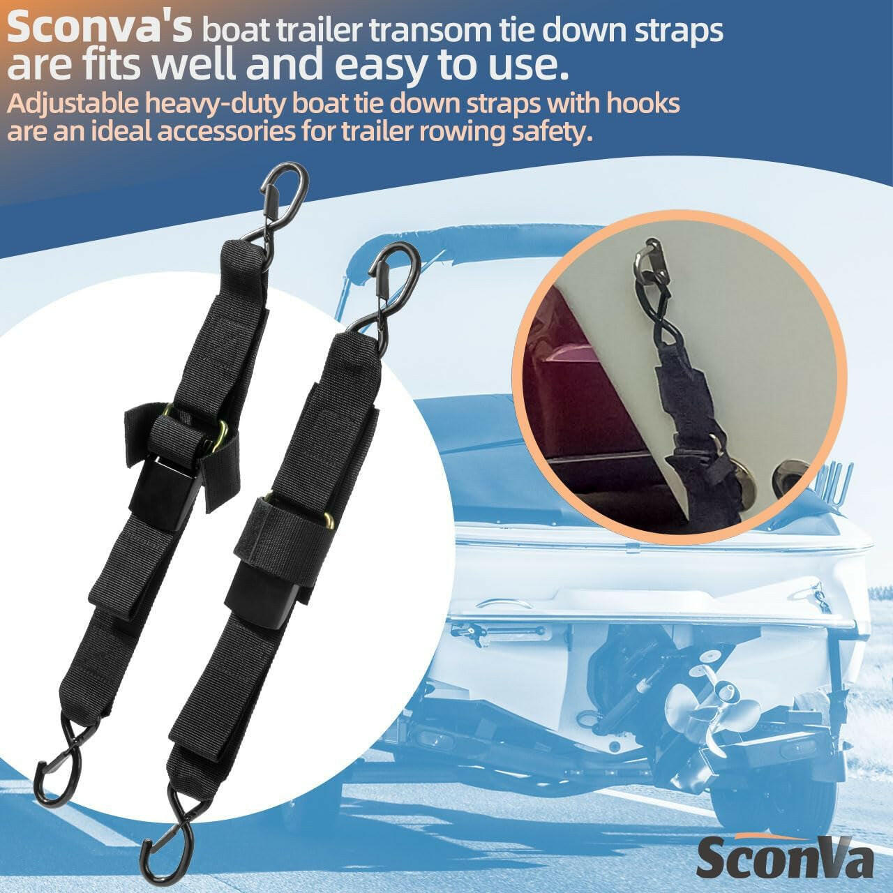 Premium Adjustable Boat Trailer Tie Down Straps for Yamaha Watercraft - 2" x 24" Transom Straps with Hooks for Secure Trailing & Jet Ski Transport - Replaces SBT-TRNSM-TD-08 (1 Pair).