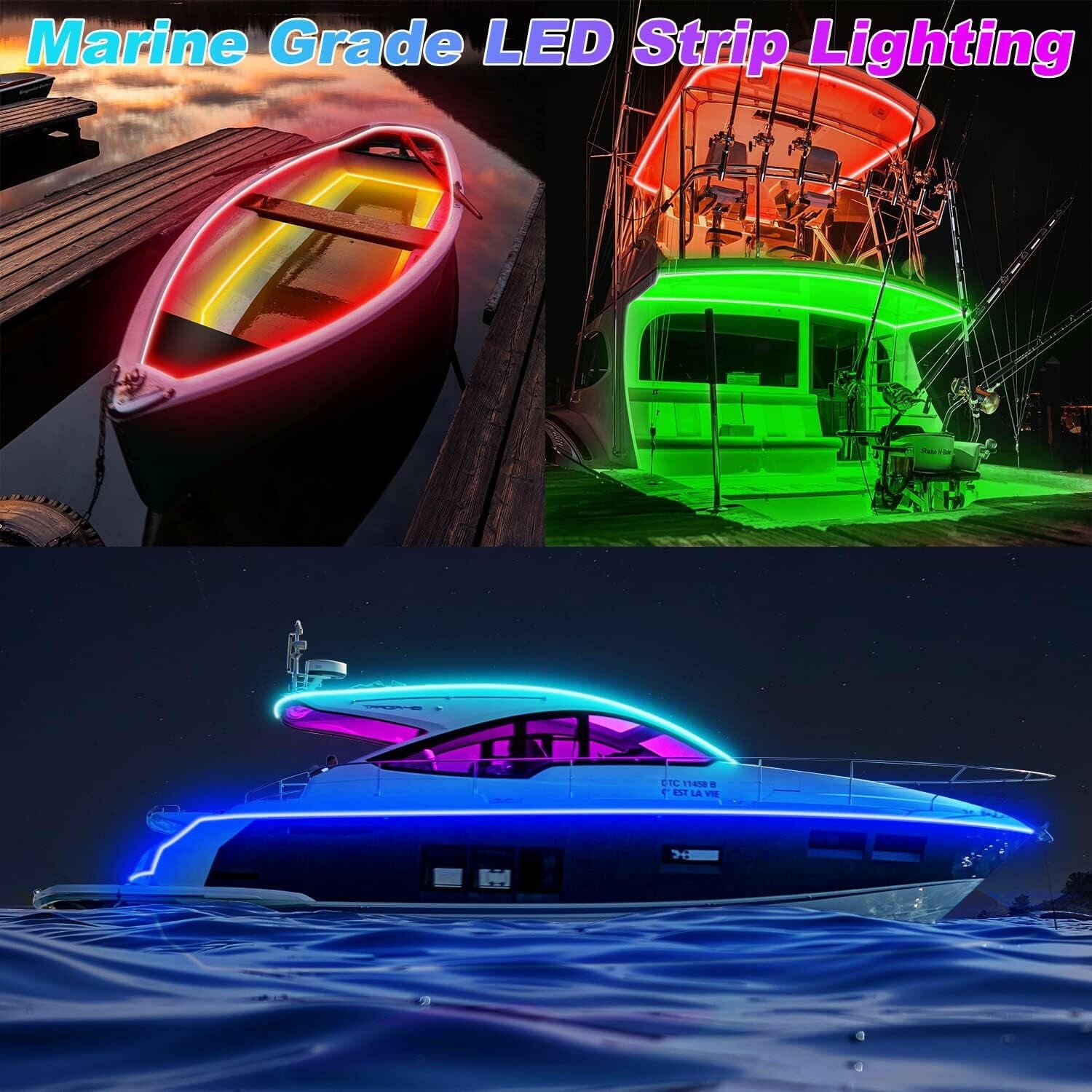 33FT Waterproof RGB LED Boat Light Strip - App Controlled Marine Lighting for Pontoon, Kayak, and Deck - Perfect for Night Fishing and Interior Illumination.