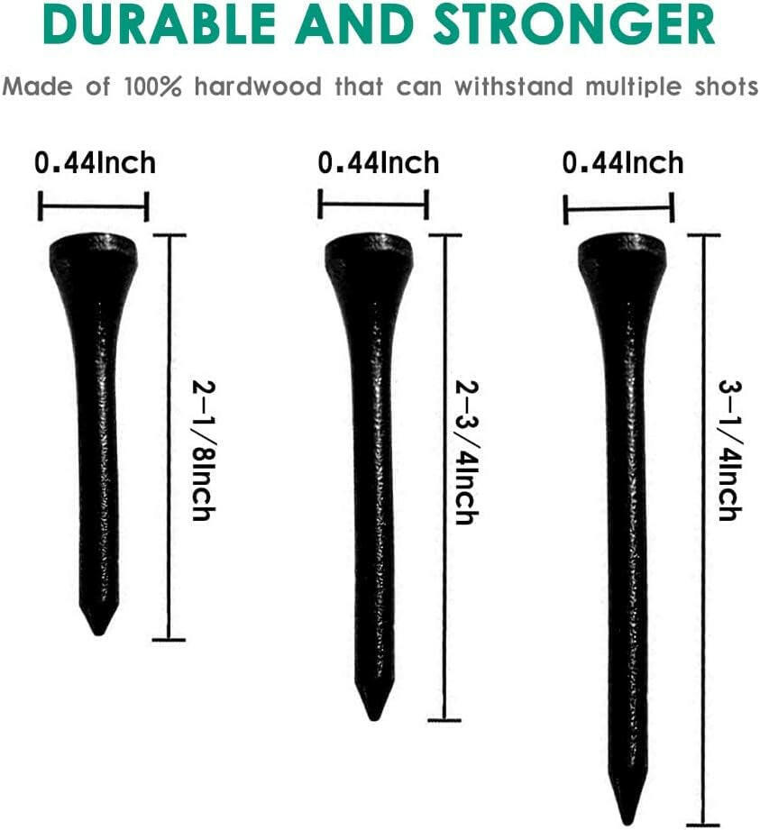 Premium Natural Wood Golf Tees - Pack of 100 in Multiple Colors and Sizes (3-1/4", 2-3/4", 2-1/8") - Reduce Side Spin and Friction for Better Performance