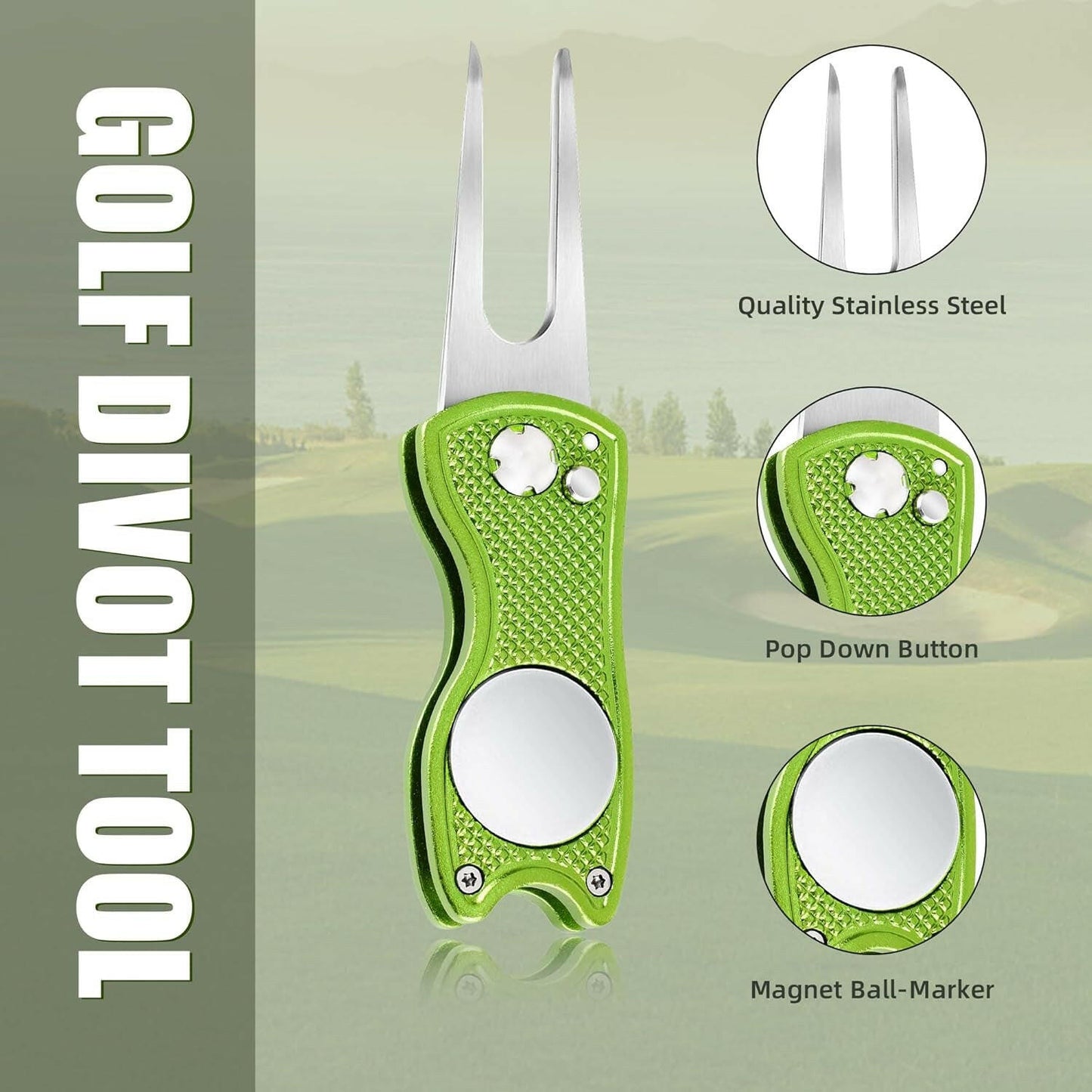 Premium All-Metal Foldable Golf Divot Repair Tool with Pop-Up Button and Magnetic Ball Marker - Available in 2 to 6 Pack Options