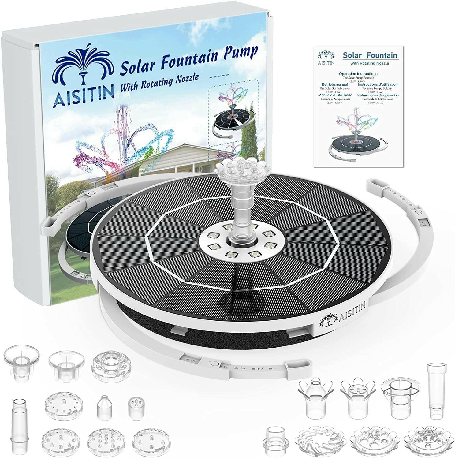 3.5W Solar Fountain Pump with LED Lights for Birdbaths and Pools, Featuring 16 DIY Nozzles, 3000mAh Battery, and Retractable Stand for Outdoor Use