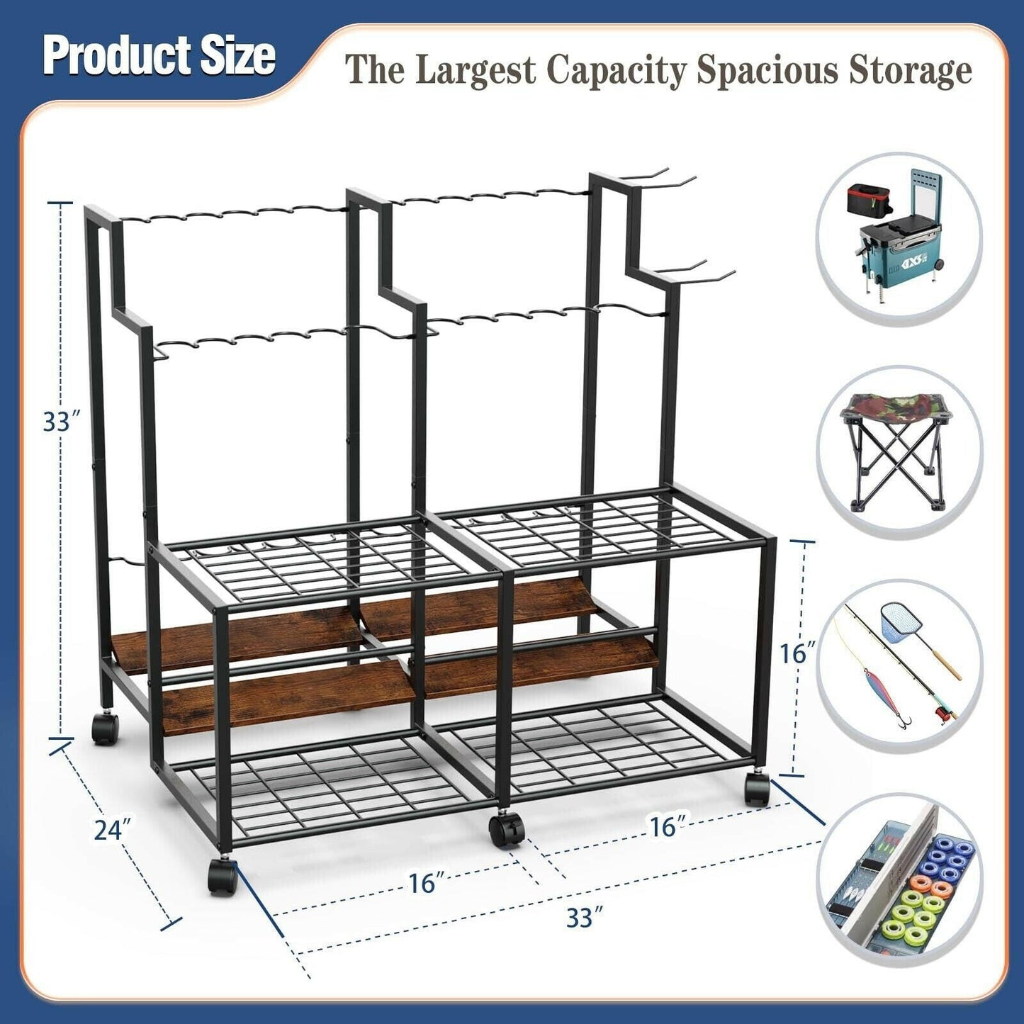 Miratino Large-Capacity Fishing Rod Holders for Garage - Store Up to 24 Fishing Poles Efficiently!.