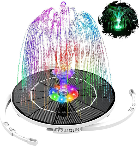 3.5W Solar Fountain Pump with LED Lights for Birdbaths and Pools, Featuring 16 DIY Nozzles, 3000mAh Battery, and Retractable Stand for Outdoor Use