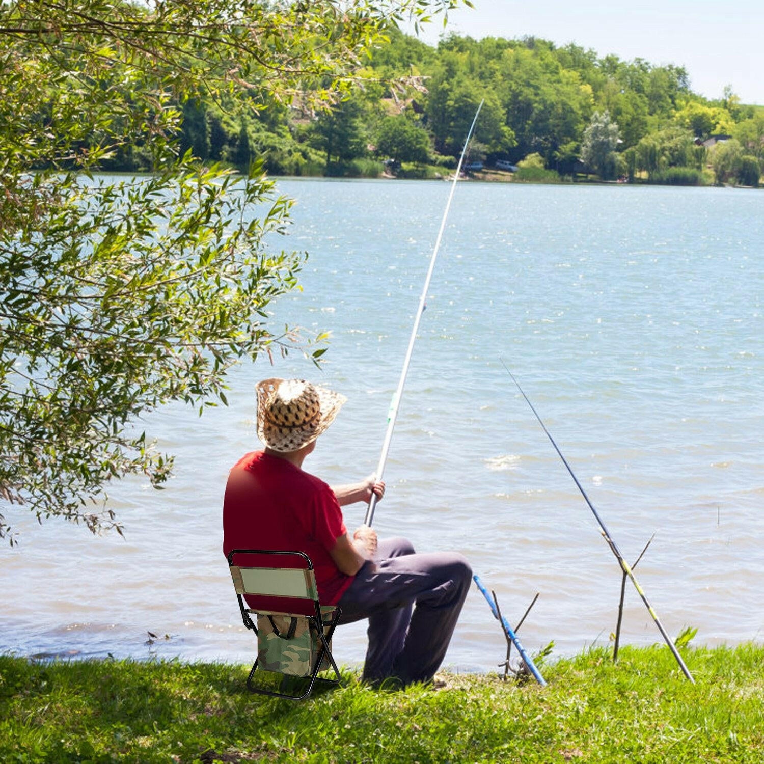 Foldable Fishing Chair with Backrest and Integrated Cooler Bag - Portable Lightweight Stool for Outdoor Activities such as Camping, Hiking, and Hunting