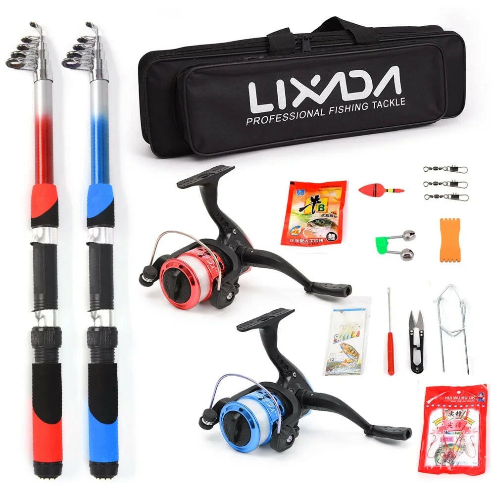 Fishing Rod Reel Combo Full Kit with 2PCS 2.1M Telescopic Fishing Rods 2PCS Spinning Reels Fishing Lures Hooks Accessories Fishing Bag.