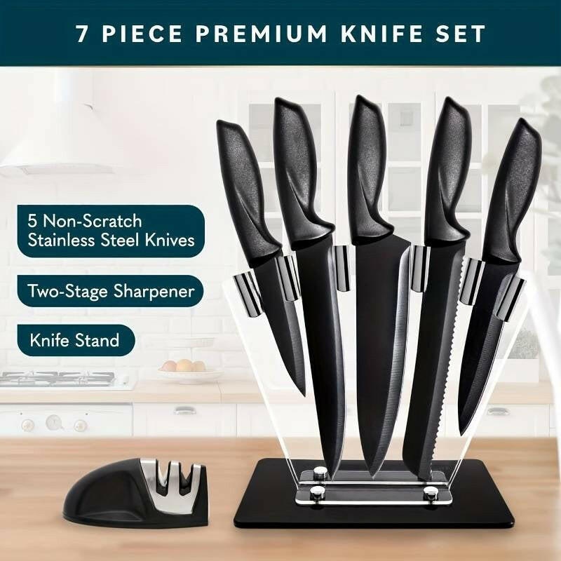 7-Piece High Carbon Stainless Steel Kitchen Knife Set with Ergonomic Handles and Sharpener.