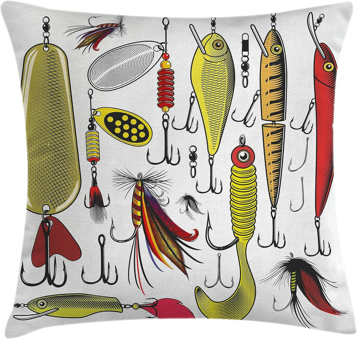 Vibrant Fishing Throw Pillow Cover - 24" Square Cushion with Bait Twister Design for Outdoor Enthusiasts - Perfect Decorative Accent in Yellow and Red.
