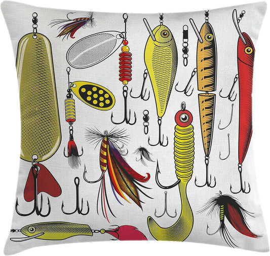 Vibrant Fishing Throw Pillow Cover - 24" Square Cushion with Bait Twister Design for Outdoor Enthusiasts - Perfect Decorative Accent in Yellow and Red.