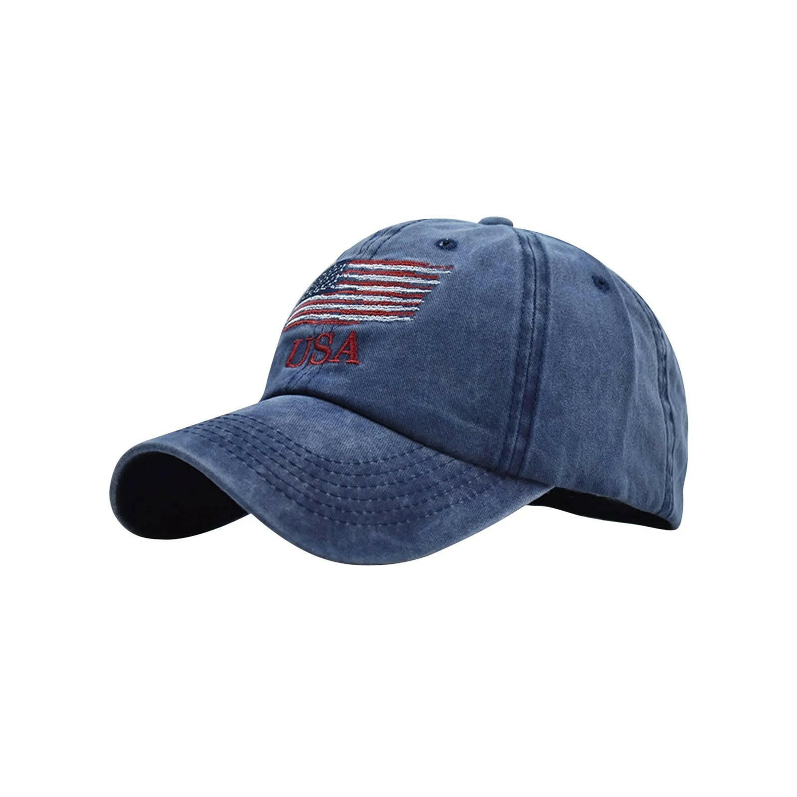 Vintage Cotton Denim Baseball Cap with Embroidered American Flag, Adjustable Distressed Hat for Men and Women