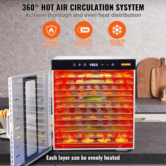 VEVOR Professional Food Dehydrator with 10 Stainless Steel Trays, 1000W Electric Dryer, Digital Adjustable Timer & Temperature Control for Jerky, Herbs, Meat, Fruits, Dog Treats, and Vegetables