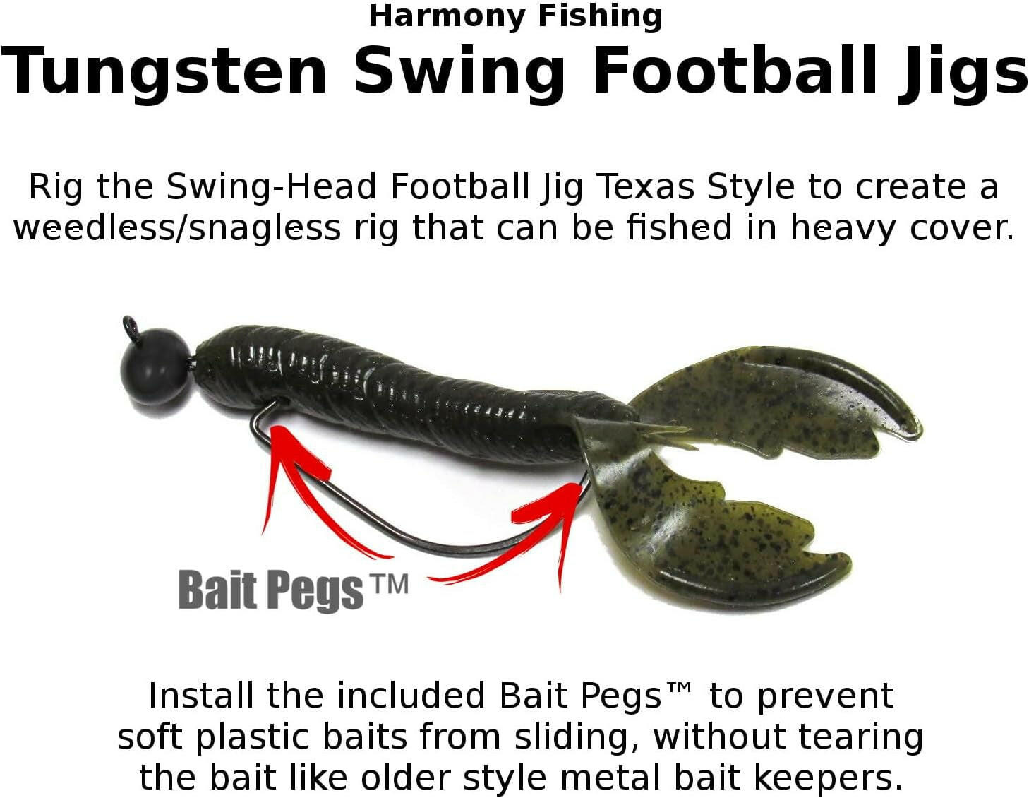 Harmony Fishing Tungsten Swing Football Jigs - Pack of 3 with 10 Bait Pegs for Bass Fishing
