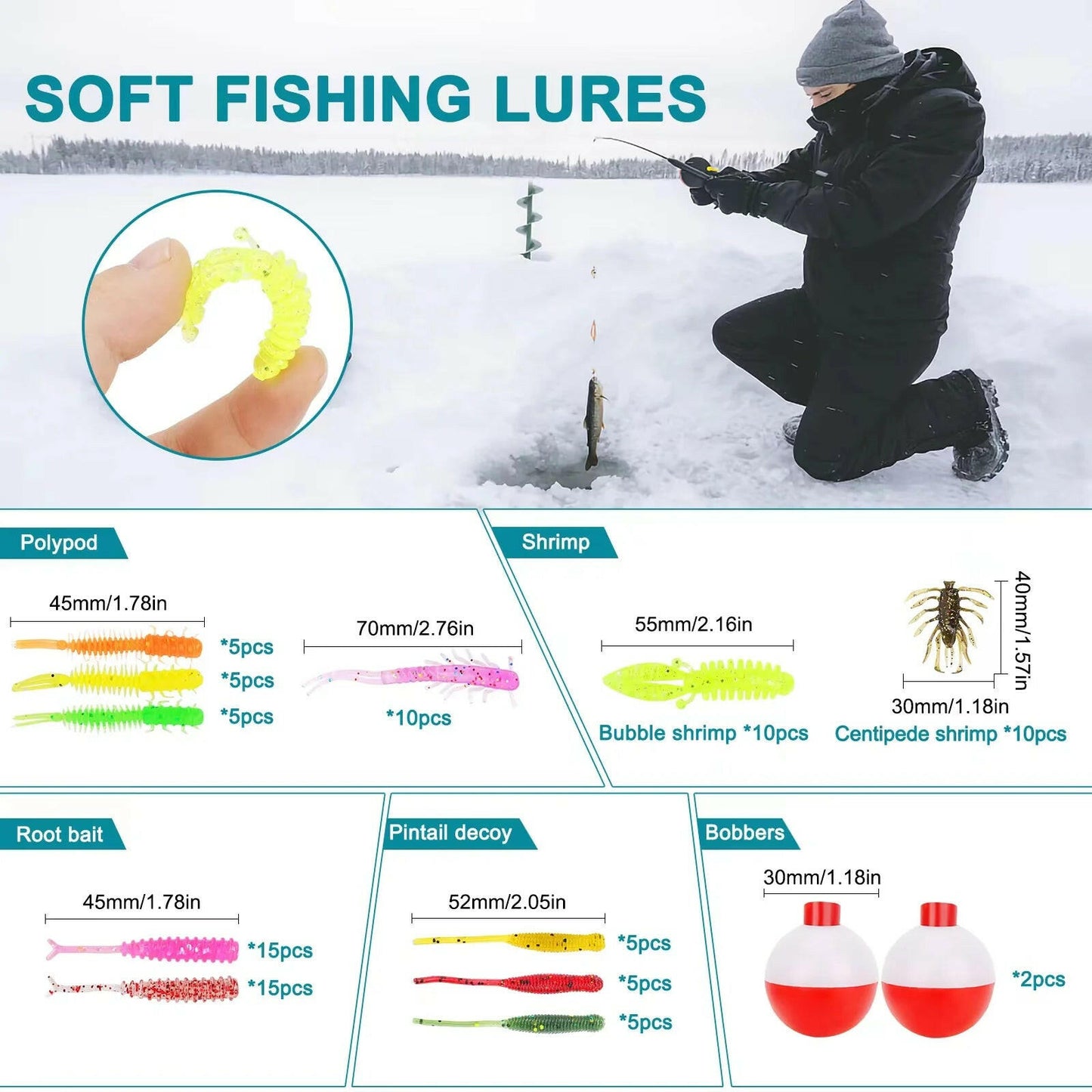 Ultimate Fishing Lures Tackle Box Kit for Trout & Crappie - Complete Ice Fishing Gear with Jig Heads & Soft Plastic Baits for Panfish, Bluegill, and Bass.