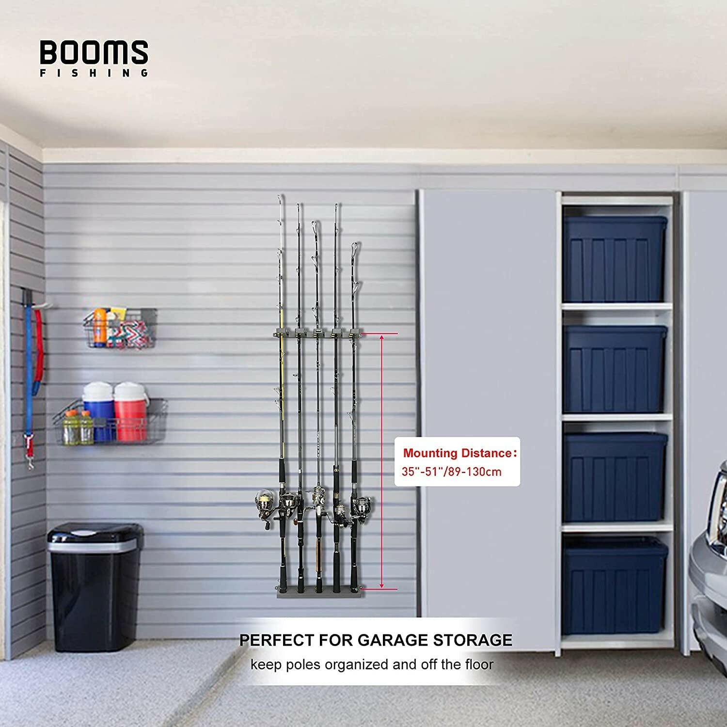 Premium Wall-Mounted Fishing Rod Holder for Up to 10 Rods - Versatile Vertical, Horizontal, and Ceiling Storage in Elegant Gray and Black.