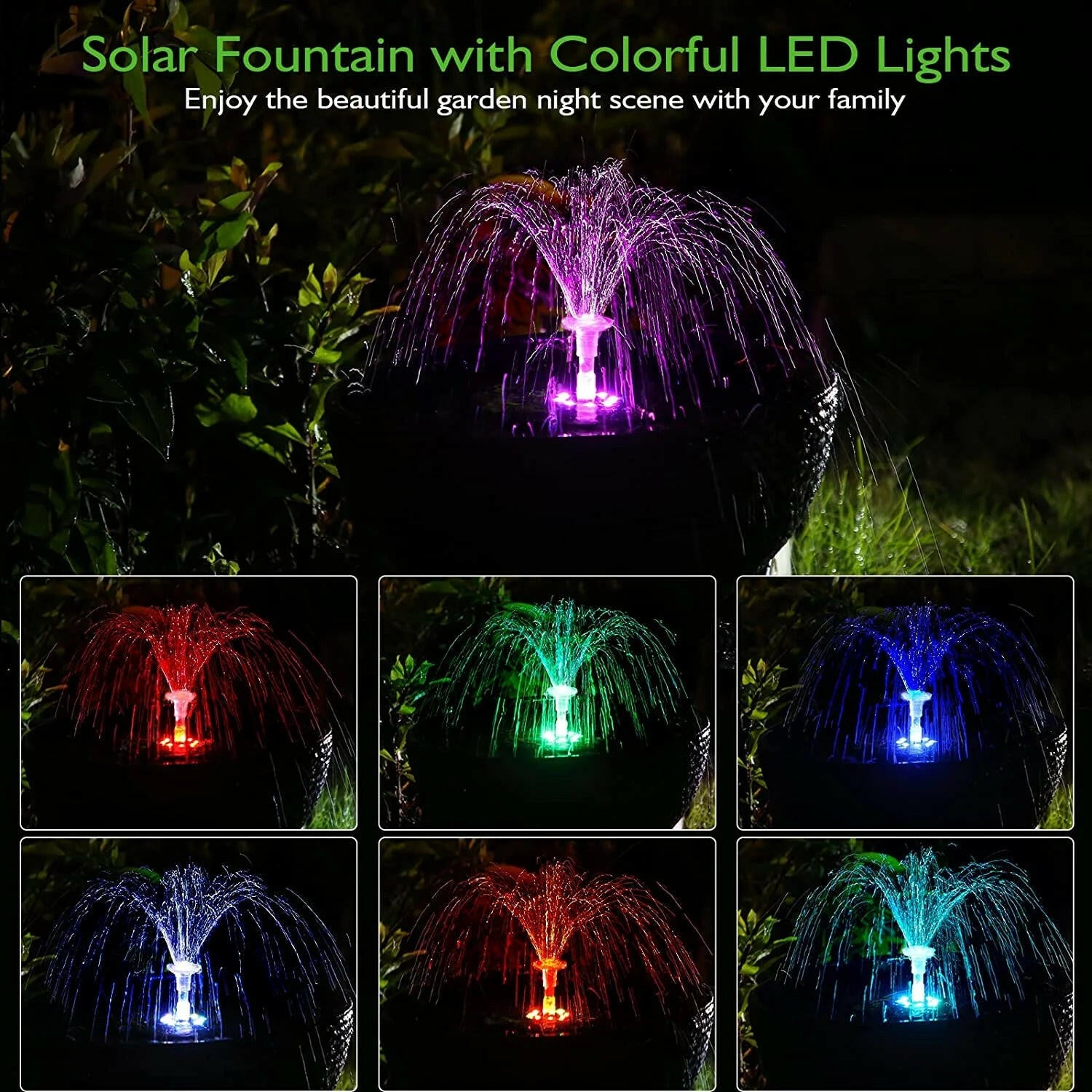 3.5W Solar Fountain Pump with LED Lights for Birdbaths and Pools, Featuring 16 DIY Nozzles, 3000mAh Battery, and Retractable Stand for Outdoor Use