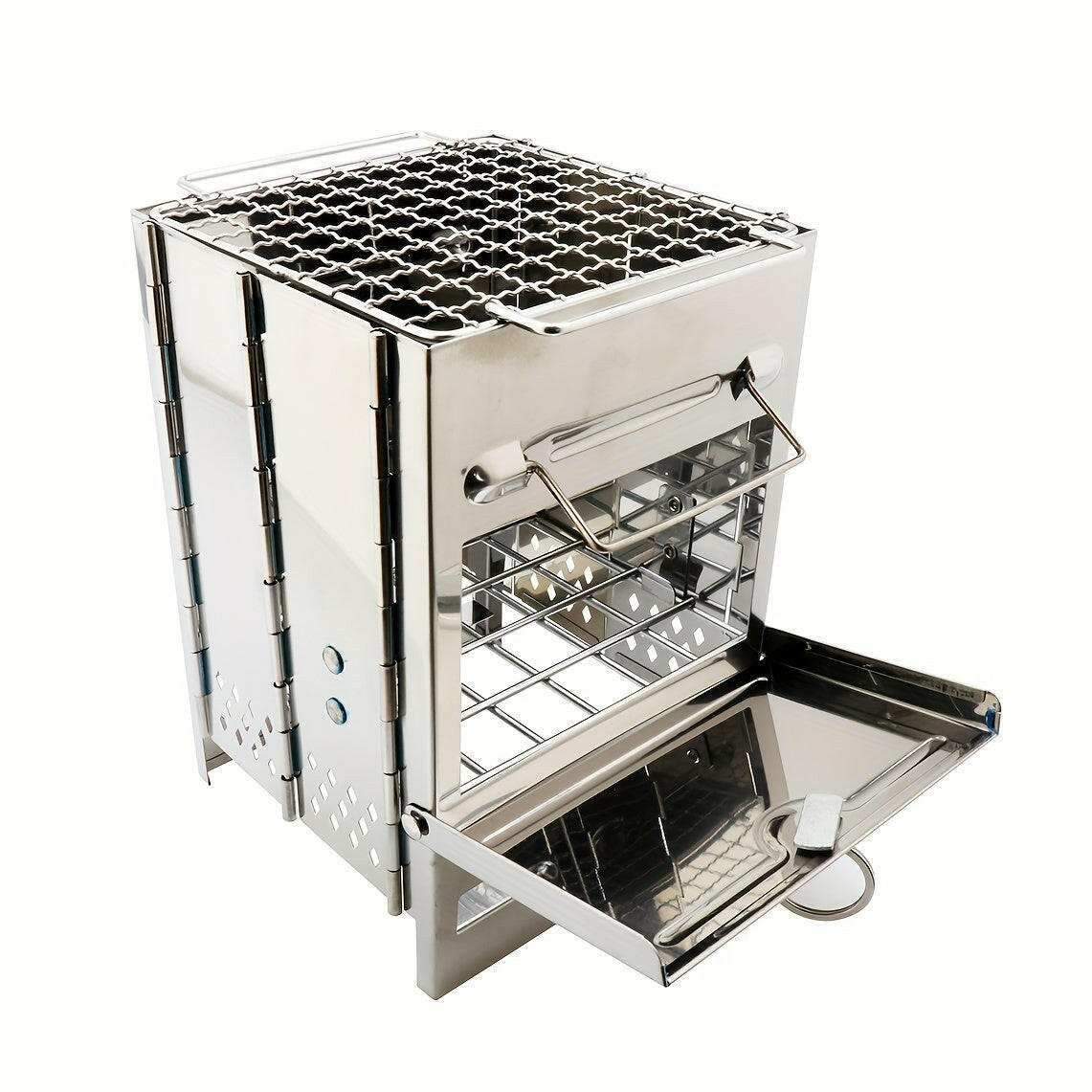 Experience the Great Outdoors with an Integrated Folding Mini Stainless Steel Charcoal Stove.
