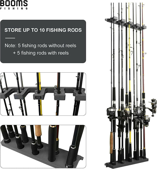 Premium Wall-Mounted Fishing Rod Holder for Up to 10 Rods - Versatile Vertical, Horizontal, and Ceiling Storage in Elegant Gray and Black.