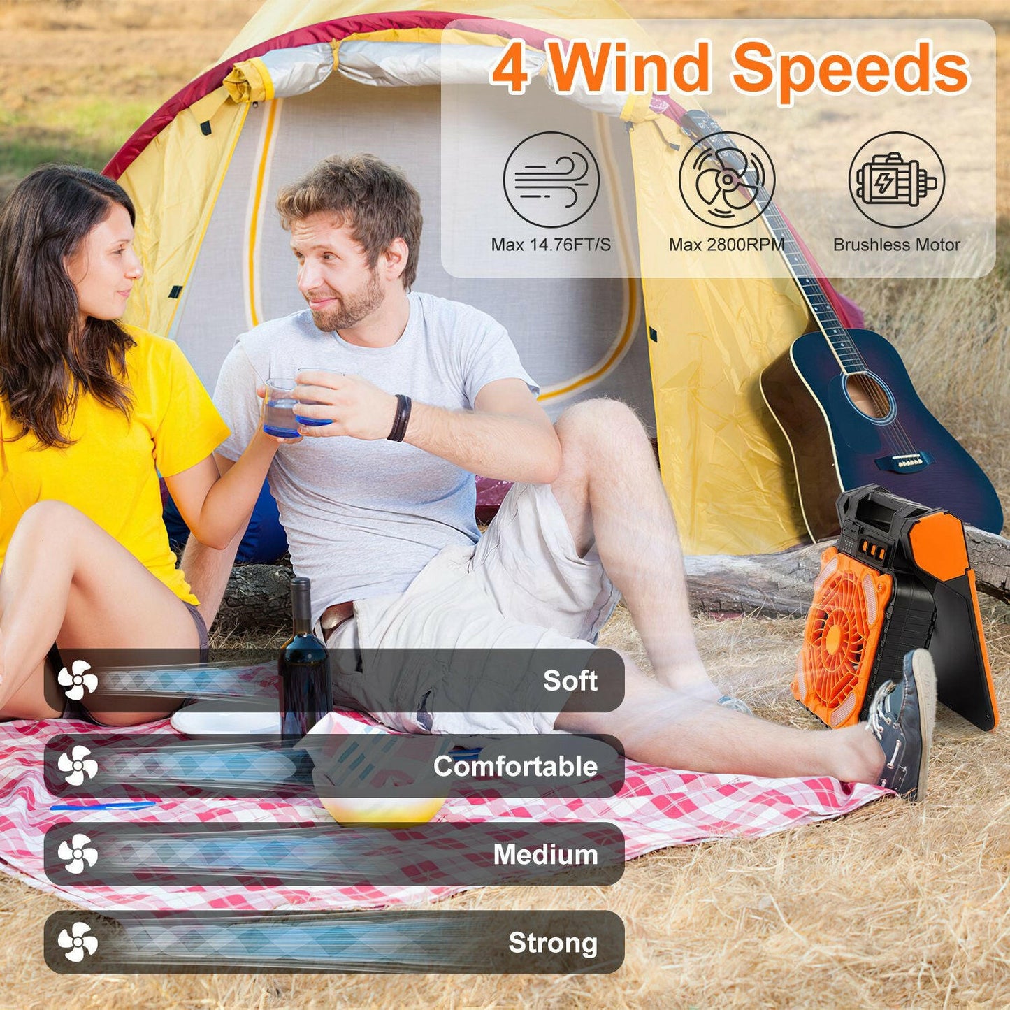 Solar Camping Fan with LED Lantern - 5200mAh Rechargeable Battery, Portable Design, Emergency Power Bank, 4 Wind Speeds, 3 Light Modes, and 3 Timers for Outdoor Activities