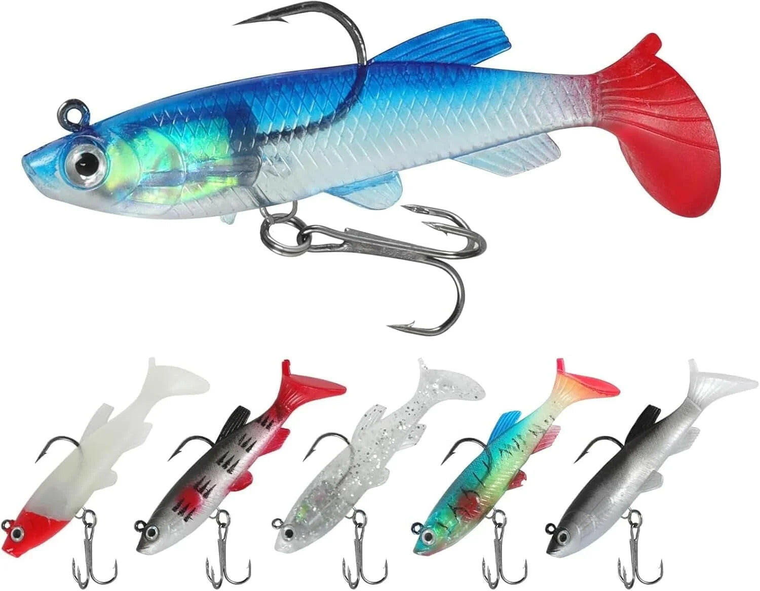 Soft Fishing Lures 6Pcs Pre-Rigged Jig Head Paddle Tail Soft Plastic Swimbaits for Bass Trout Walleye Crappie Fishing Gear and Equipment for Saltwater Freshwater.