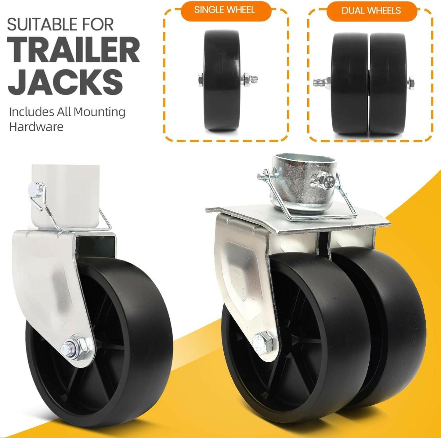 (2-Pack)  6-Inch Boat Trailer Jack Wheels - Universal Fit Black Plastic Caster Wheels - Includes All Mounting Hardware - Suitable for Boat Trailer Jacks with 1 or 2 Wheels.