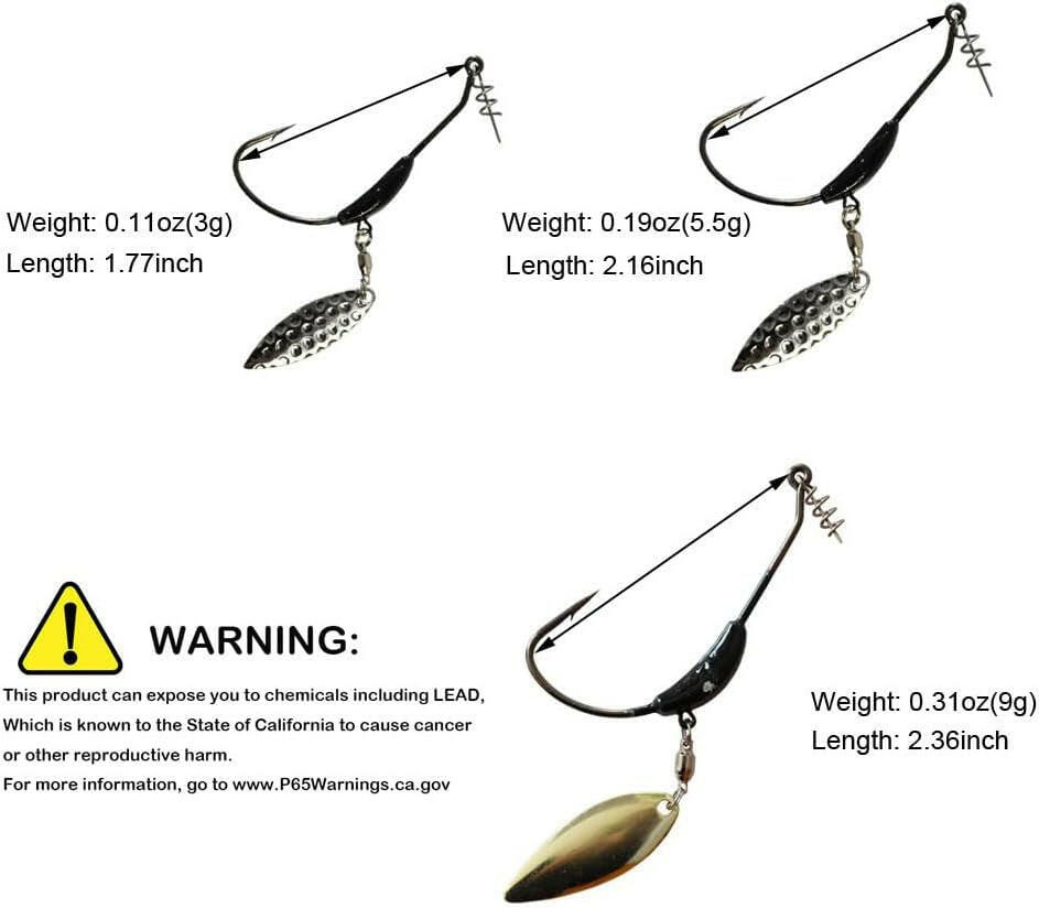 Premium Weighted Twist Lock Hooks - Silver/Gold Spin Superline for Swim Bait - 3 Pack (3G, 5.5G, 9G)