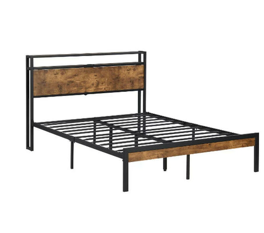 Queen Size Metal Platform Bed Frame with Wooden Headboard and Footboard Featuring USB Charging Liner