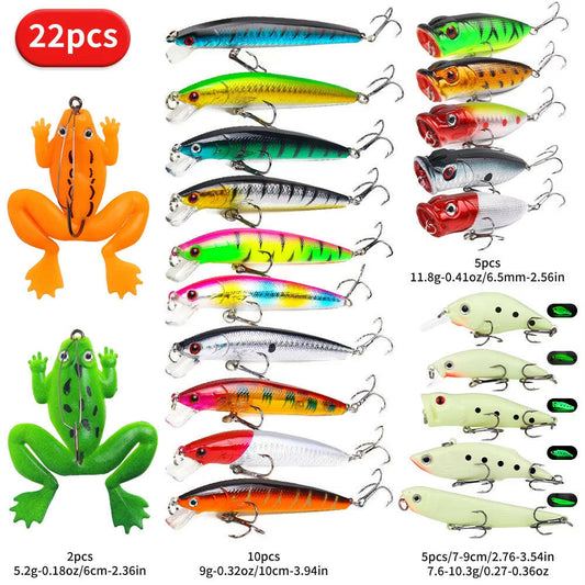 22-Piece Luminous Fishing Lure Kit with Realistic Action Soft Frogs, Poppers, Minnows, and VIBs with Durable Hooks